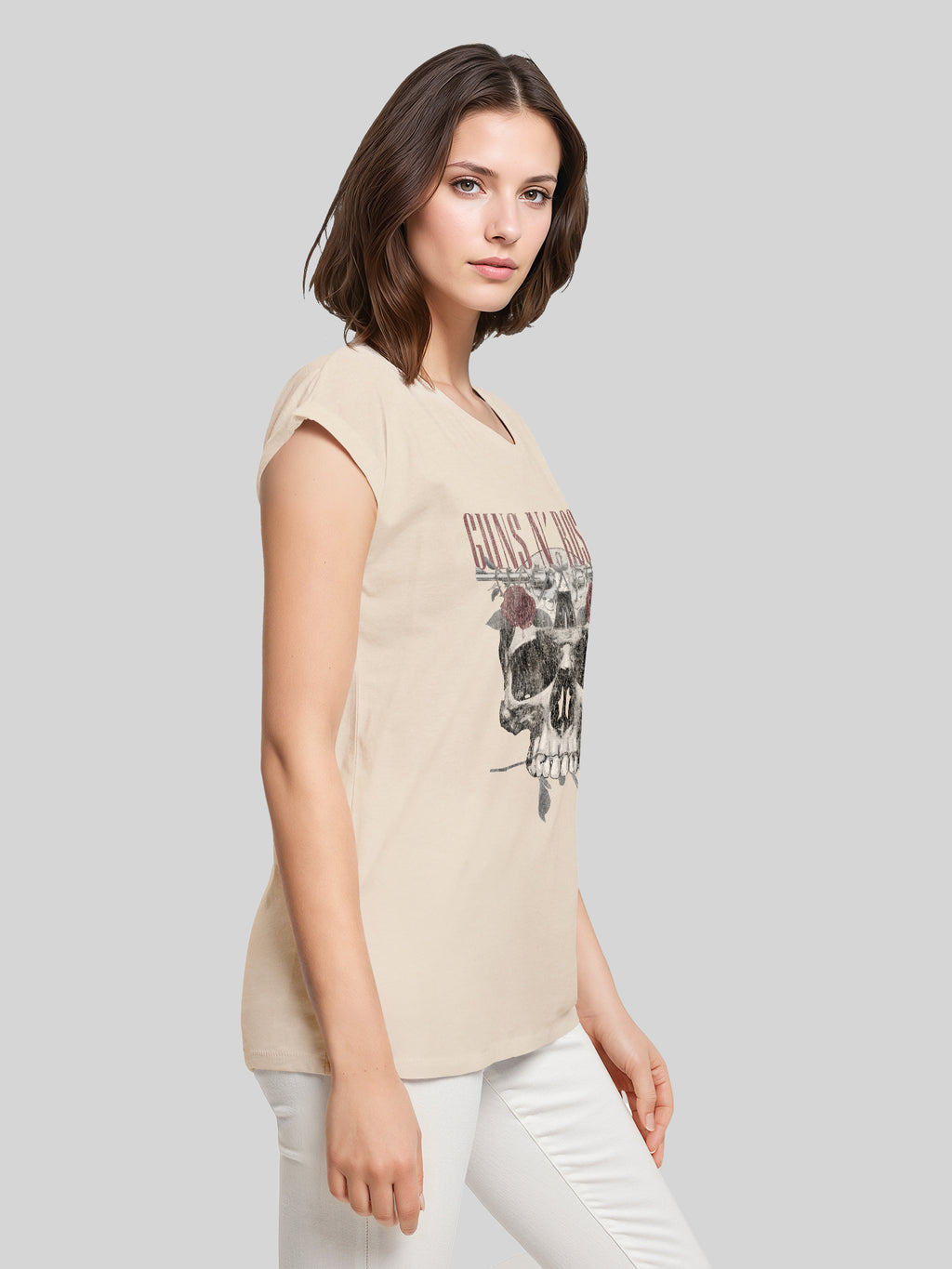 Guns N 'Roses Roses Calavera con Damas Extendida TEE de hombro