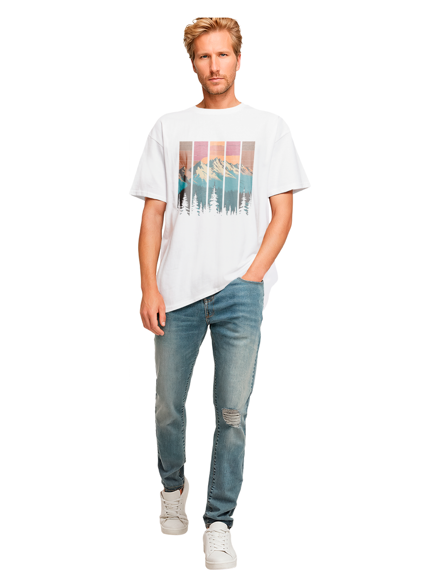 Mountain Sunset Retro Art Schweres Oversize T-Shirt