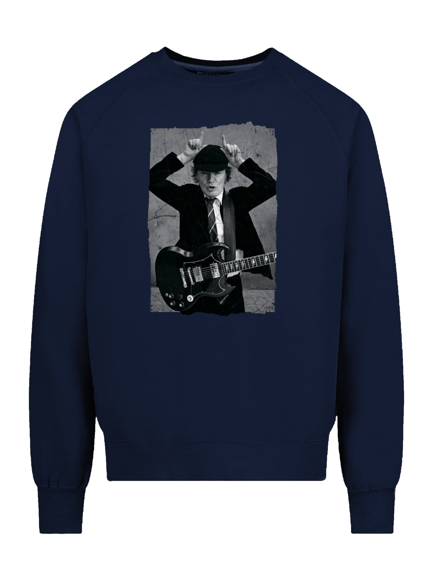 AC/DC Angus Foto angustiada Young con tripulación vintage de raglán de lana