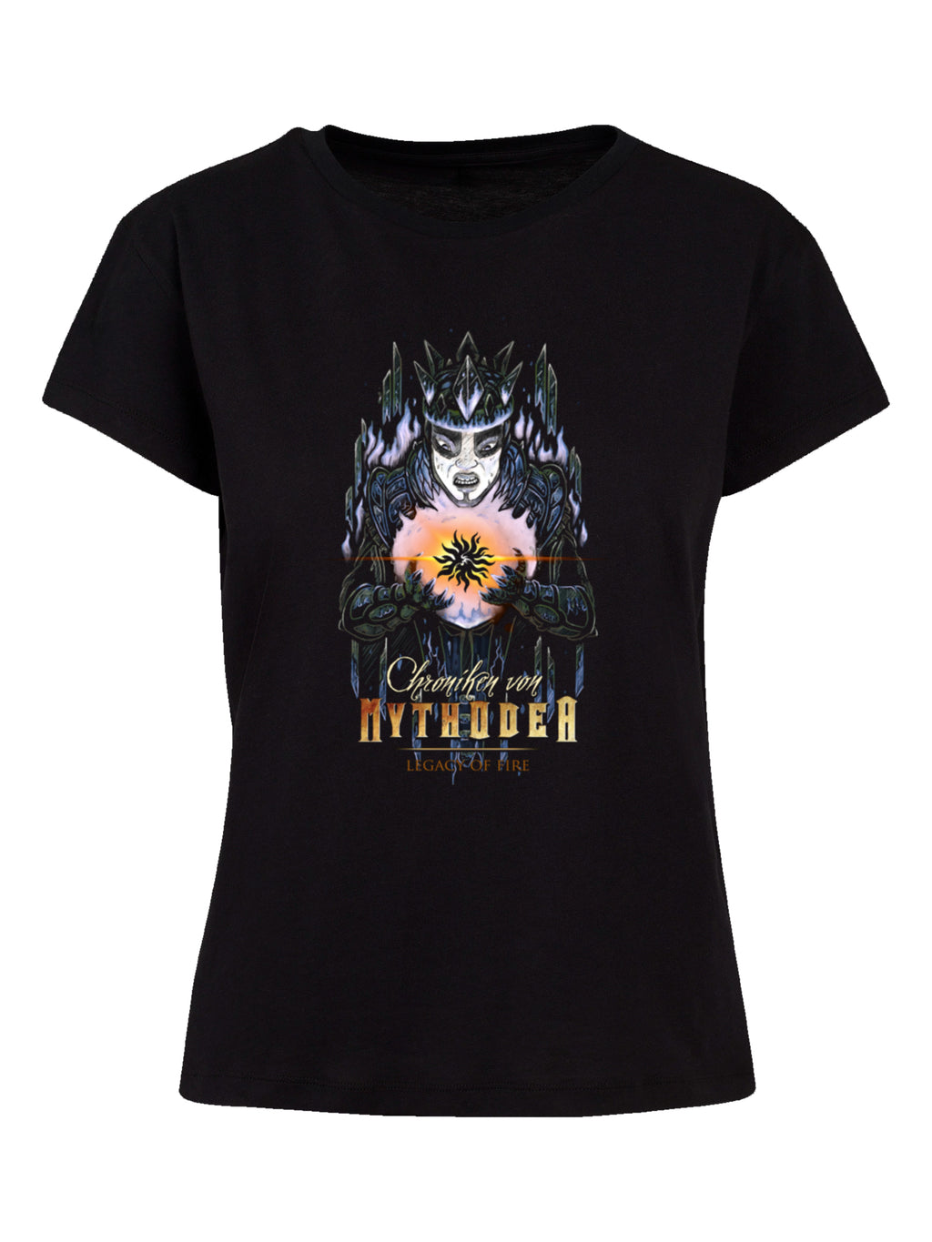 Crónicas de Mythodea 2025 apagado y logotipo y Burgschneider Wht con la camiseta de la caja de damas