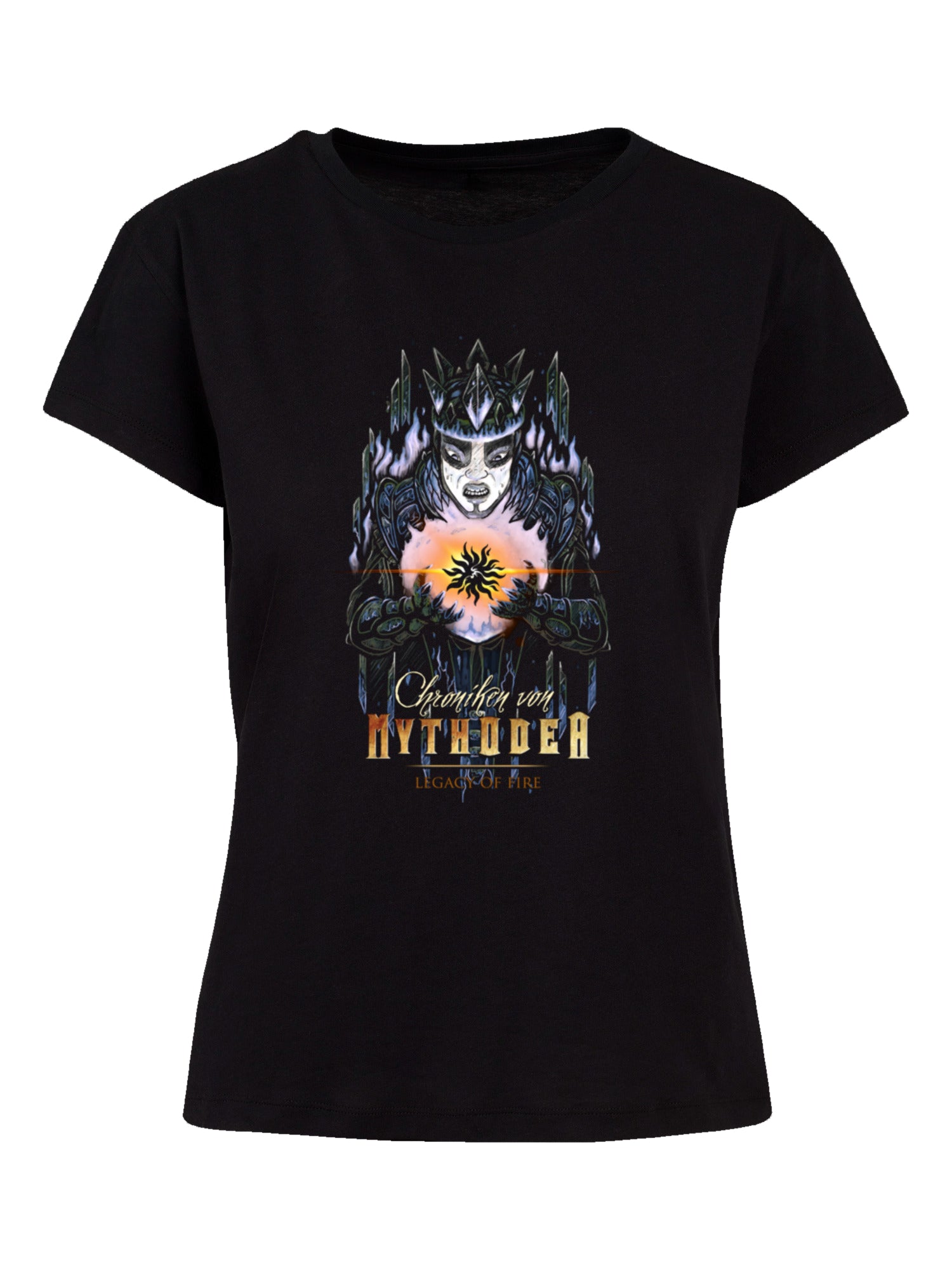 Crónicas de Mythodea 2025 apagado y logotipo y Burgschneider Wht con la camiseta de la caja de damas