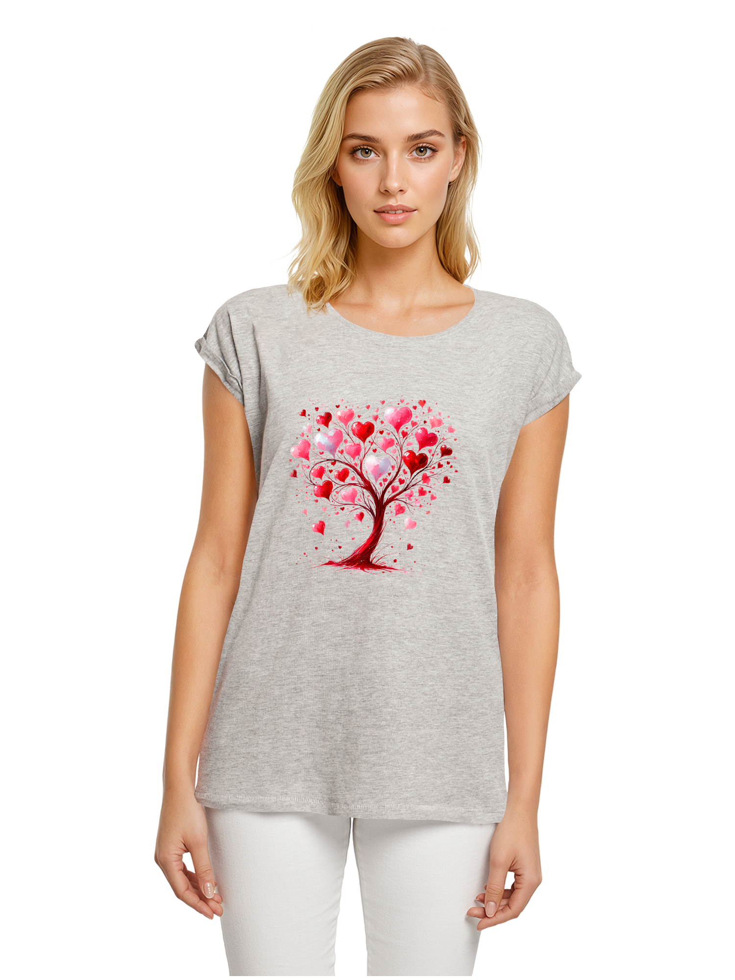 Heart Tree Watercolor Ladies Extended Shoulder T-Shirt
