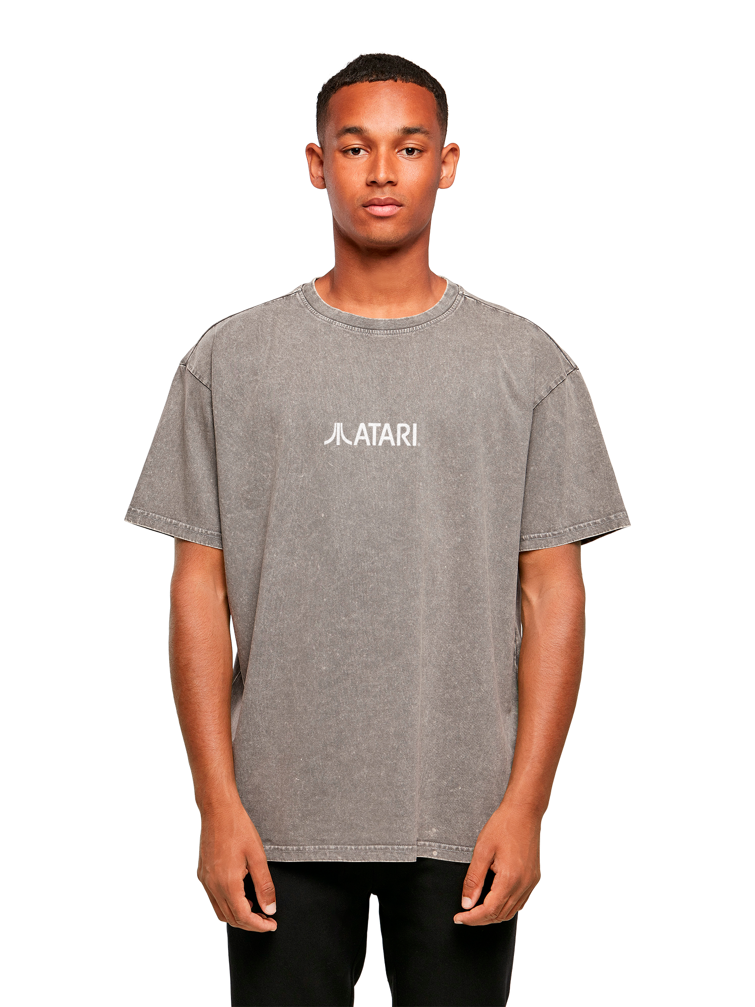 Atari Games Logo White Retro Gaming Horizontal and Atari Gravitar Box Cover with Acid Washed Heavy Oversize Tee