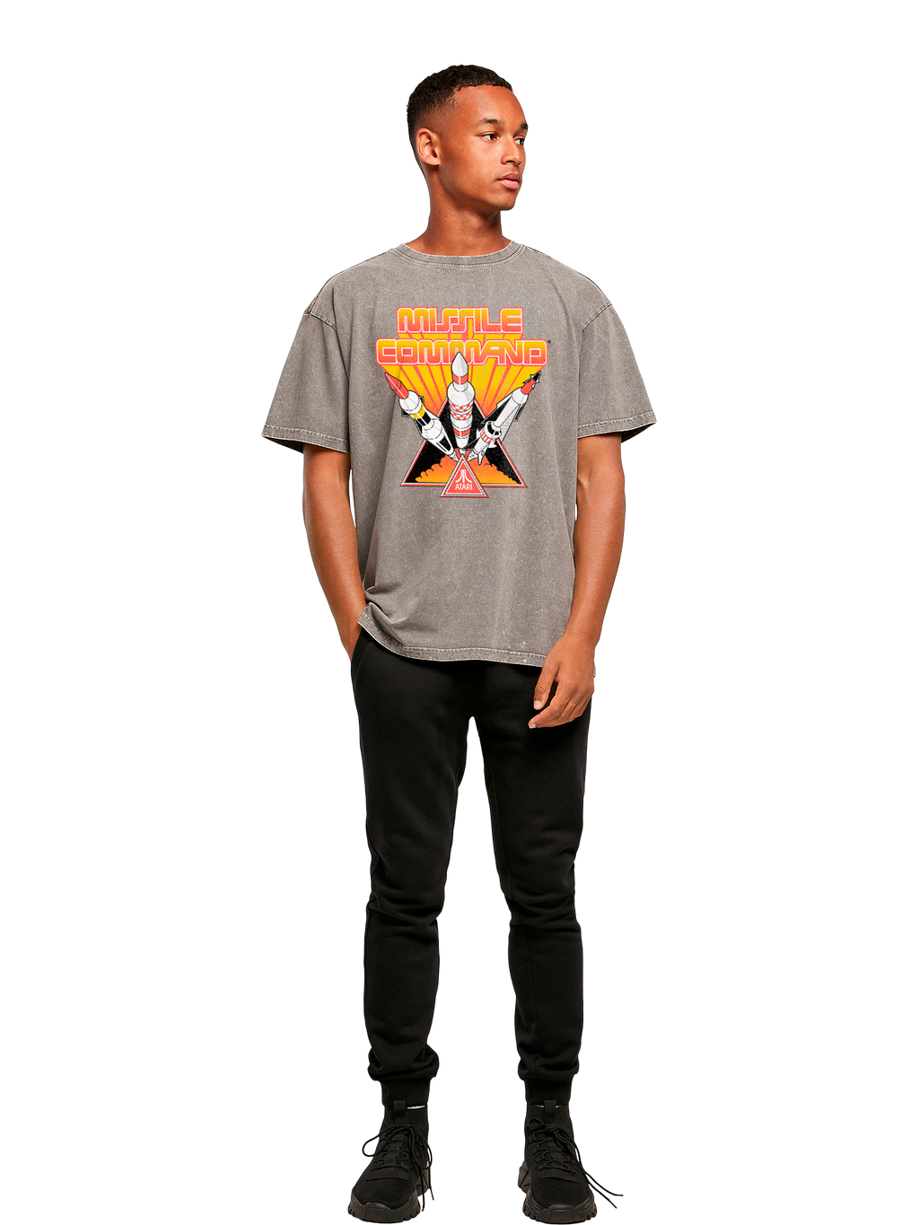 Missile Command Triple Shot Atari Retro Gaming with Acid Washed Heavy Oversize Tee