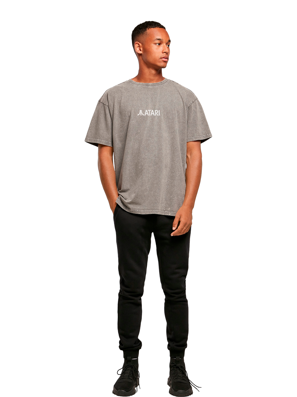 Logotipo de Atari Games White Retro Gaming Horizontal y Atari Gravitar Box Cover con camiseta de gran tamaño pesado de ácido