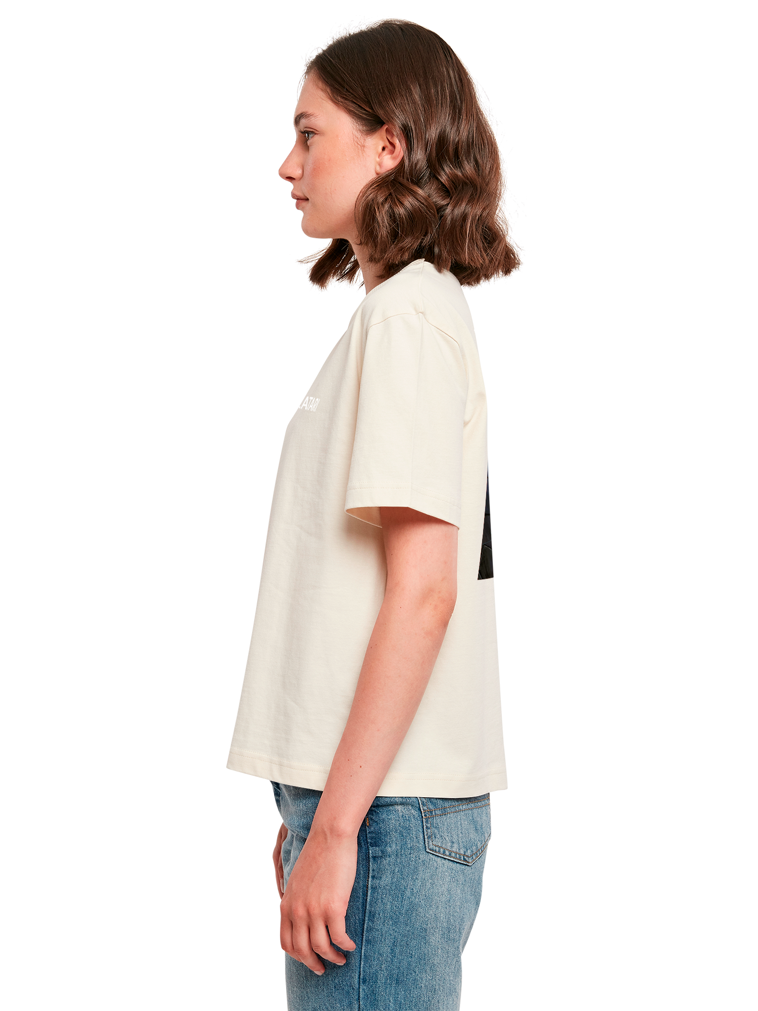 Atari Games Logo White Retro Gaming Horizontal and Atari Gravitar Box Cover with Ladies Everyday Tee