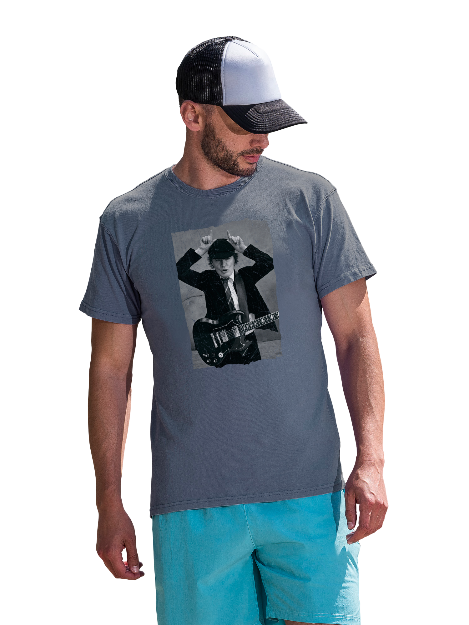 AC/DC Angus Foto angustiada joven con camiseta de color costero