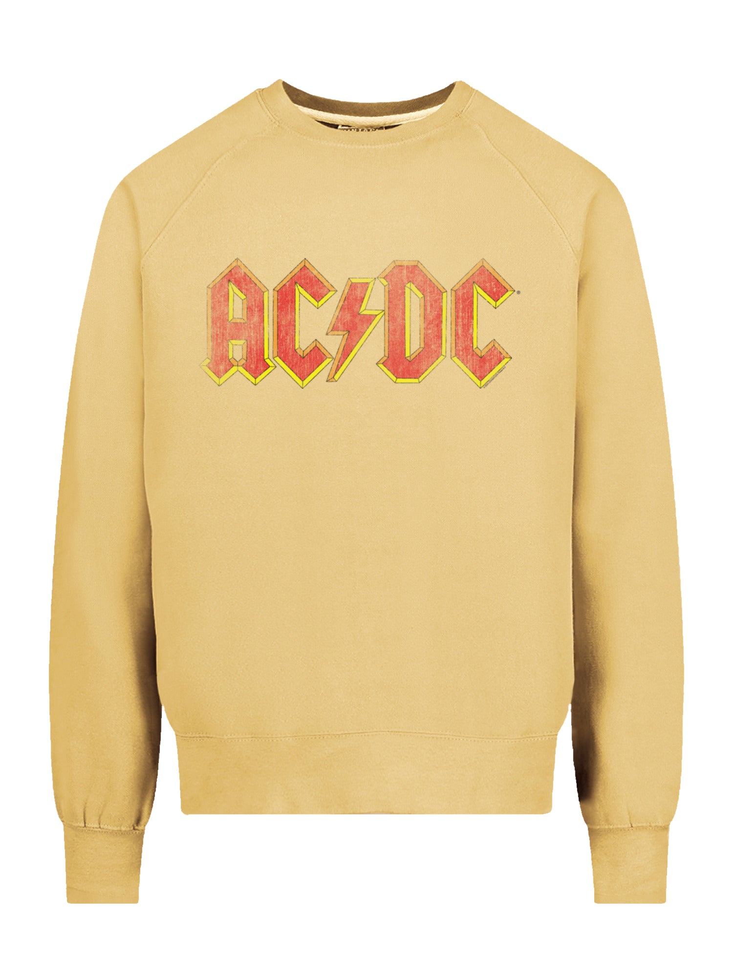 Logotipo rojo angustiado de AC/DC con tripulación de raglán de lana vintage