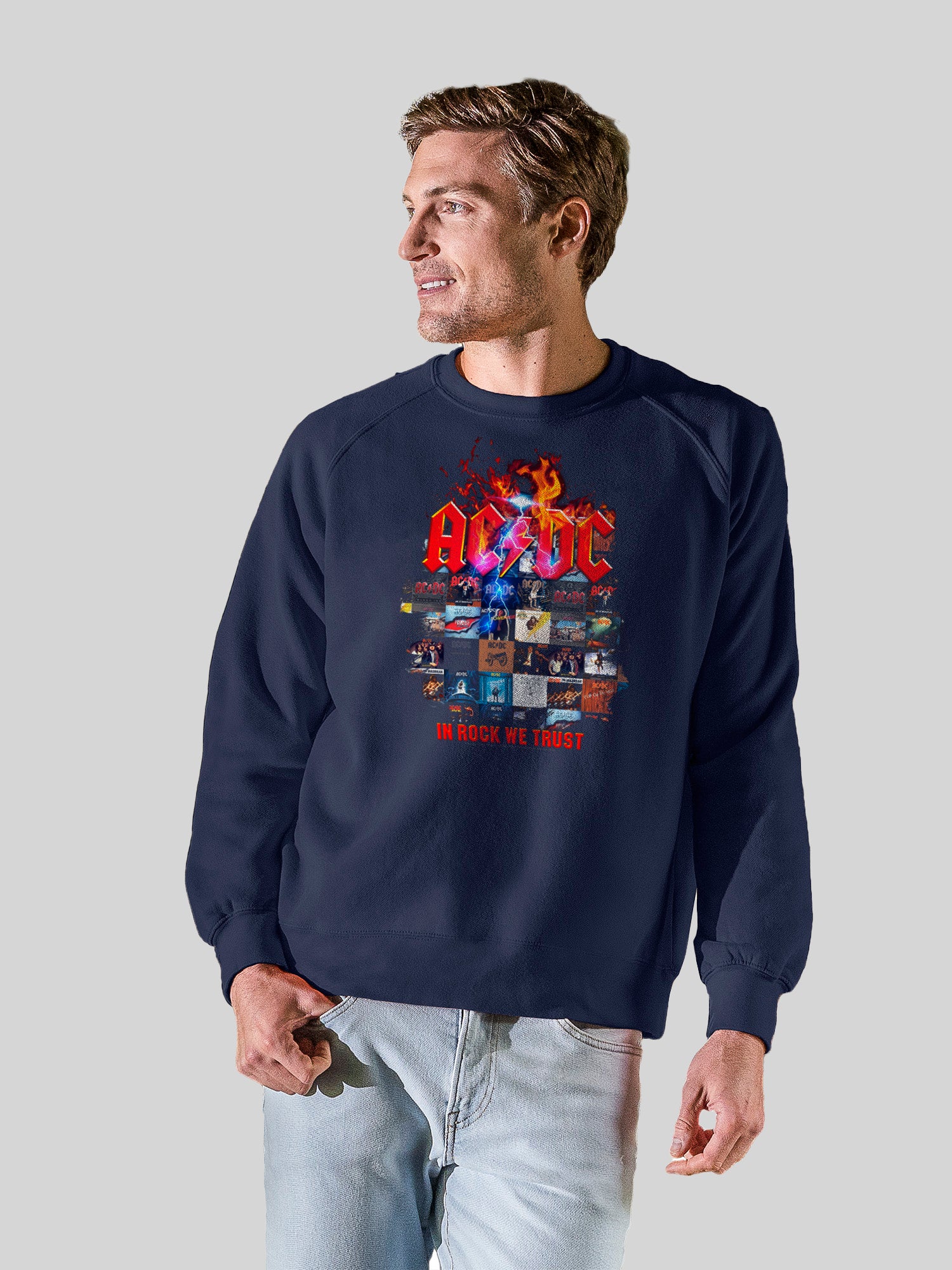 AC/DC In Rock We Trust Cubras con álbum con Vintage Fleece Raglan Crew