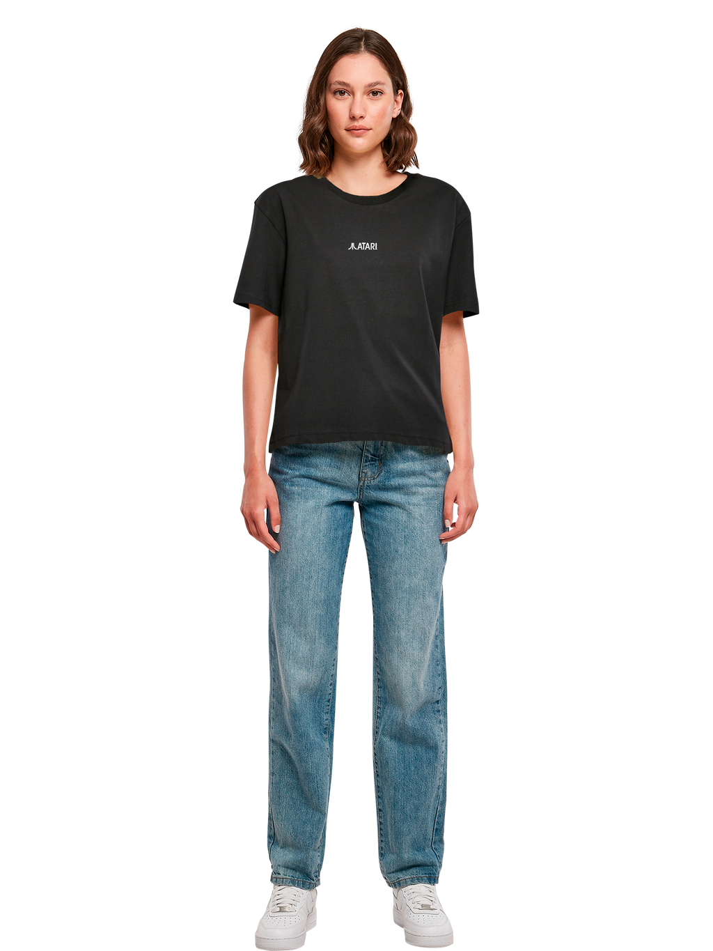 Atari Games Logo White Retro Gaming Horizontal and Atari Gravitar Box Cover with Ladies Everyday Tee