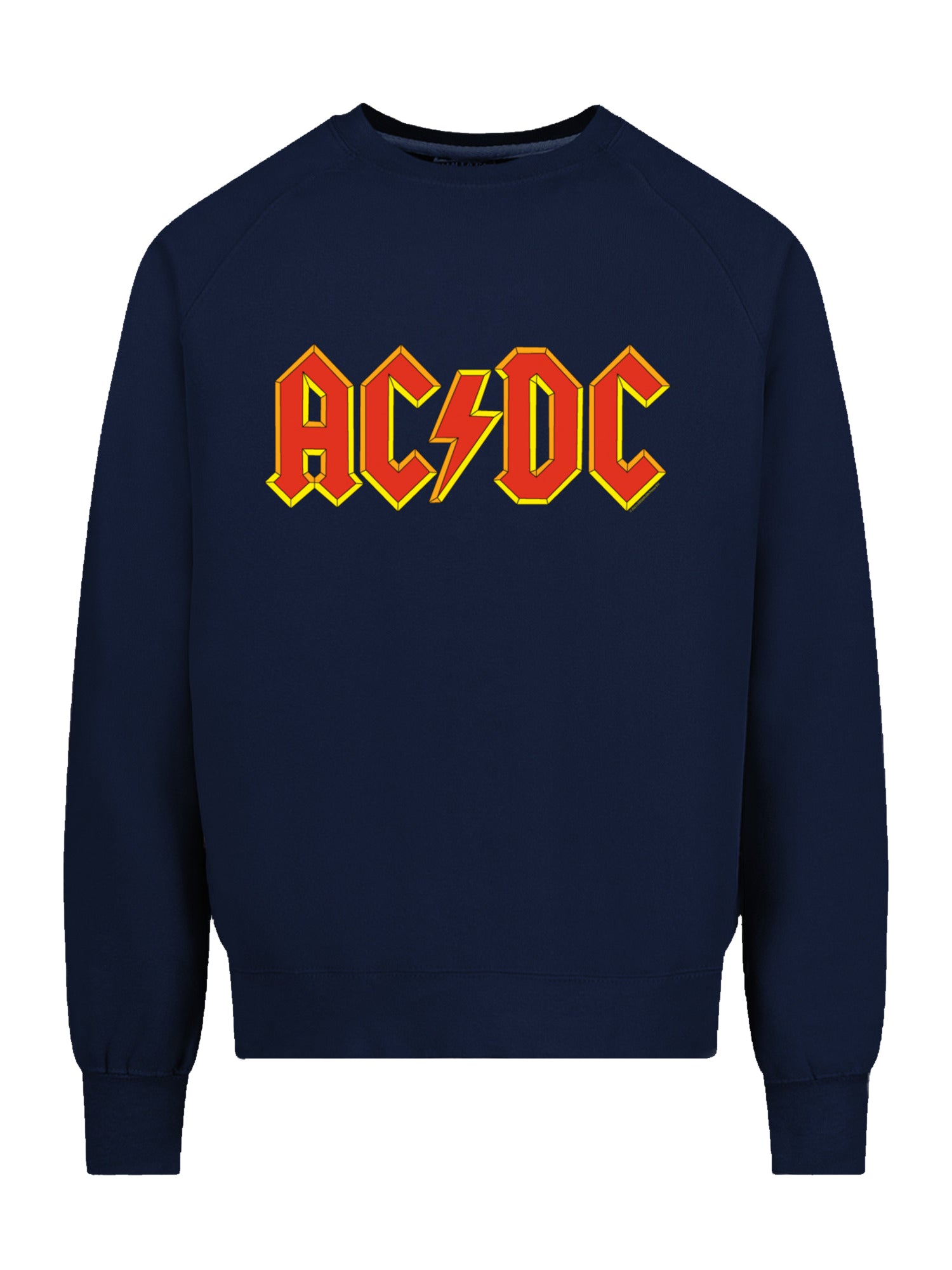 Logotipo rojo de esquema amarillo de AC/DC con tripulación de raglán de veta vintage