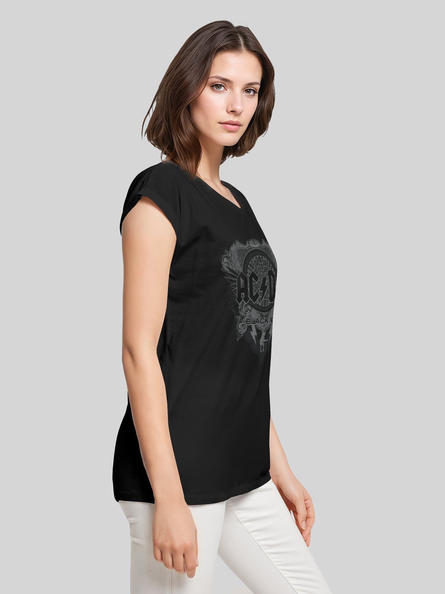 ACDC Negro con hielo con camiseta de hombro extendido de damas