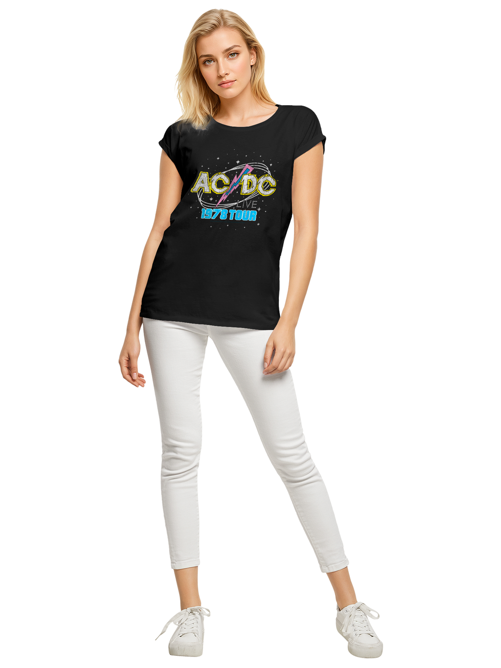 ACDC 1981 Live Tour with Ladies Extended Shoulder Tee