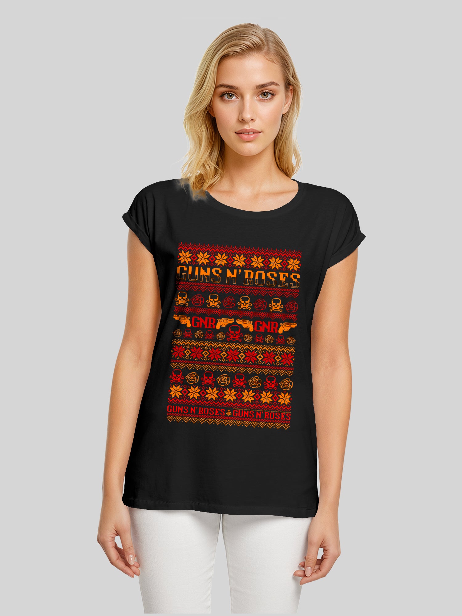 Guns And Roses Christmas with Ladies Extended Shoulder