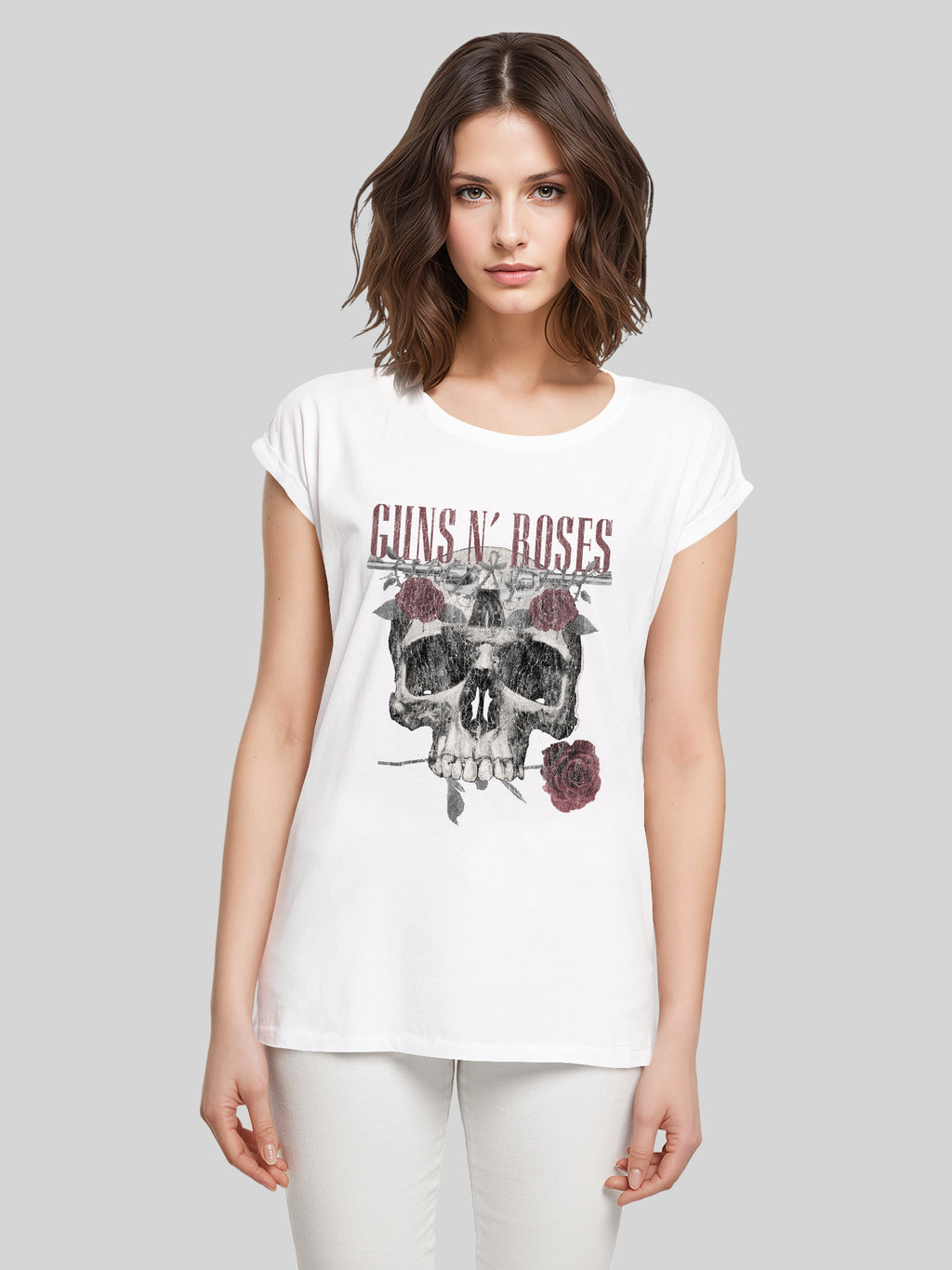 Guns N 'Roses Roses Calavera con Damas Extendida TEE de hombro