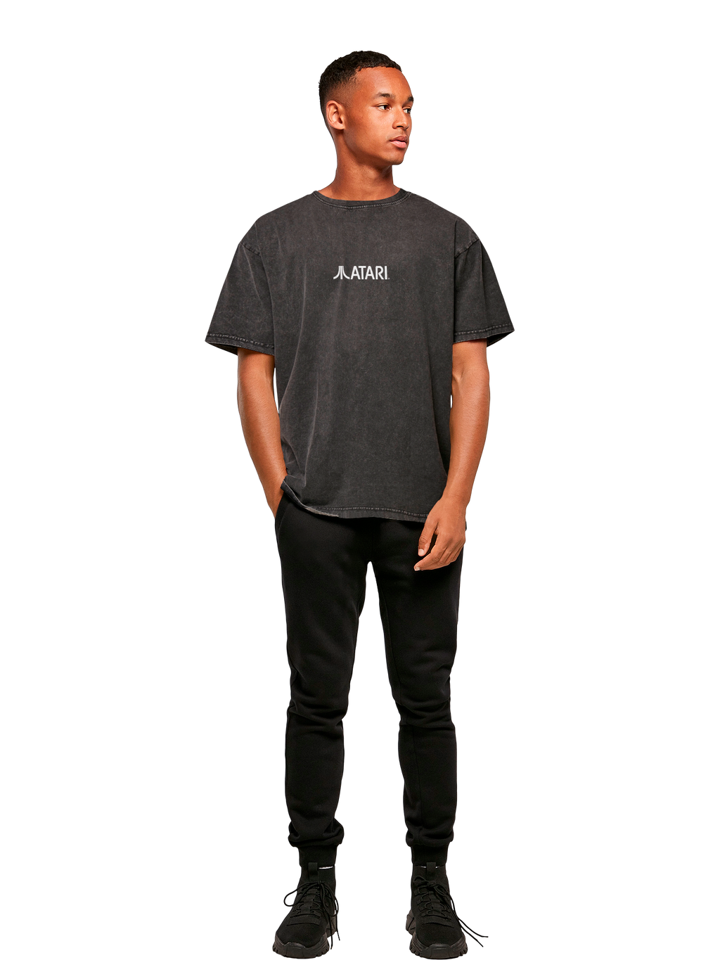 Logotipo de Atari Games White Retro Gaming Horizontal y Atari Gravitar Box Cover con camiseta de gran tamaño pesado de ácido