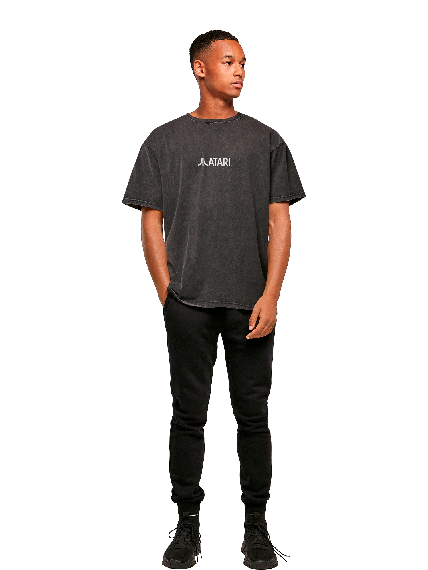 Atari Games Logo White Retro Gaming Horizontal and Atari Gravitar Box Cover with Acid Washed Heavy Oversize Tee