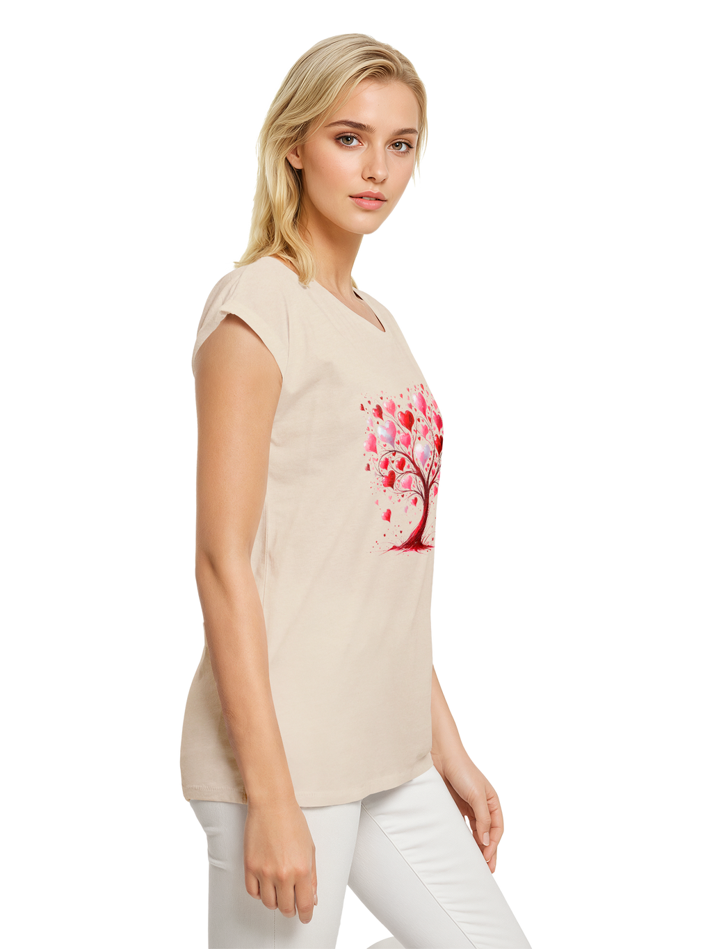 Heart Tree Watercolor Ladies Extended Shoulder T-Shirt