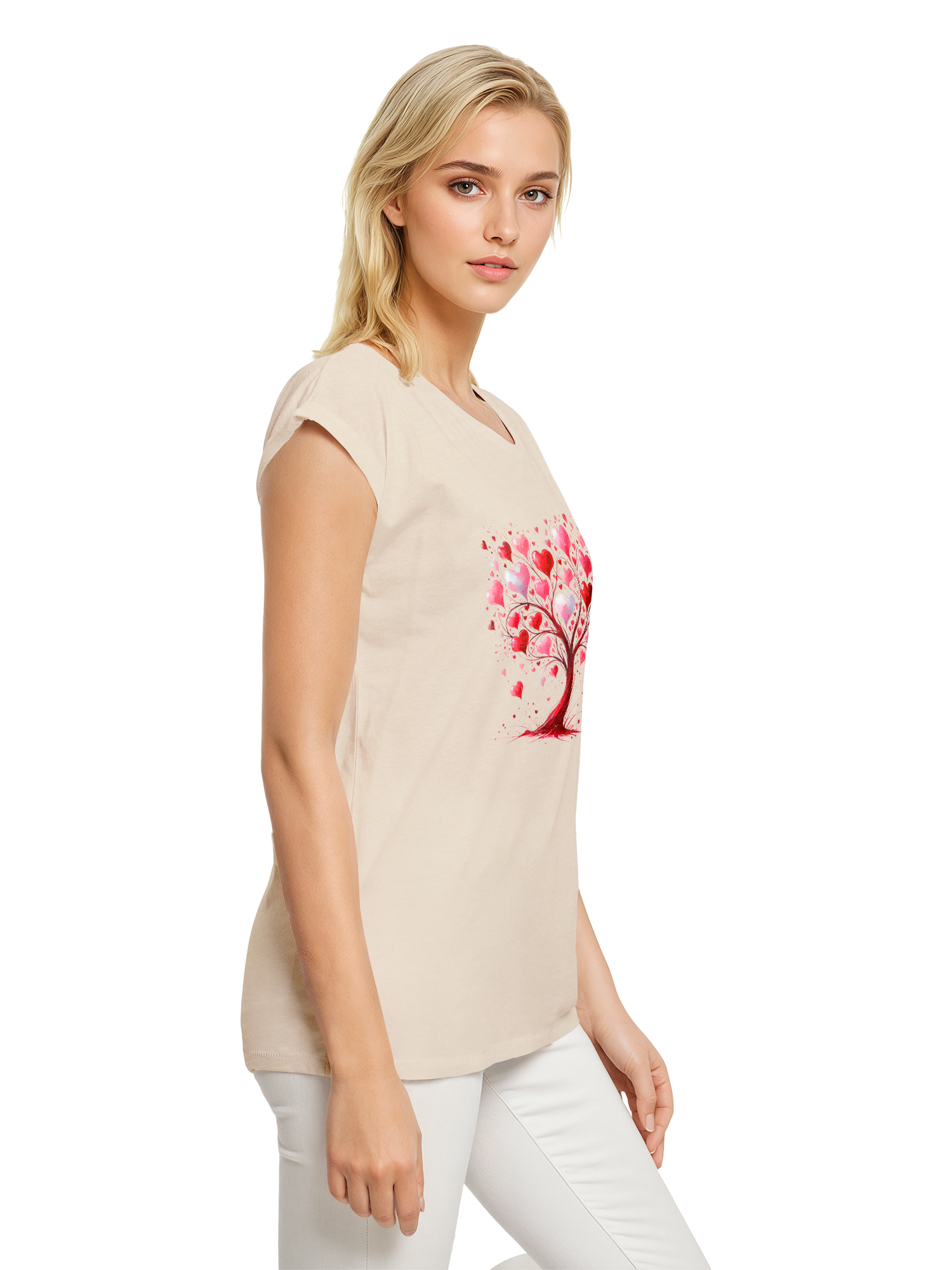 Heart Tree Watercolor Ladies Extended Shoulder T-Shirt