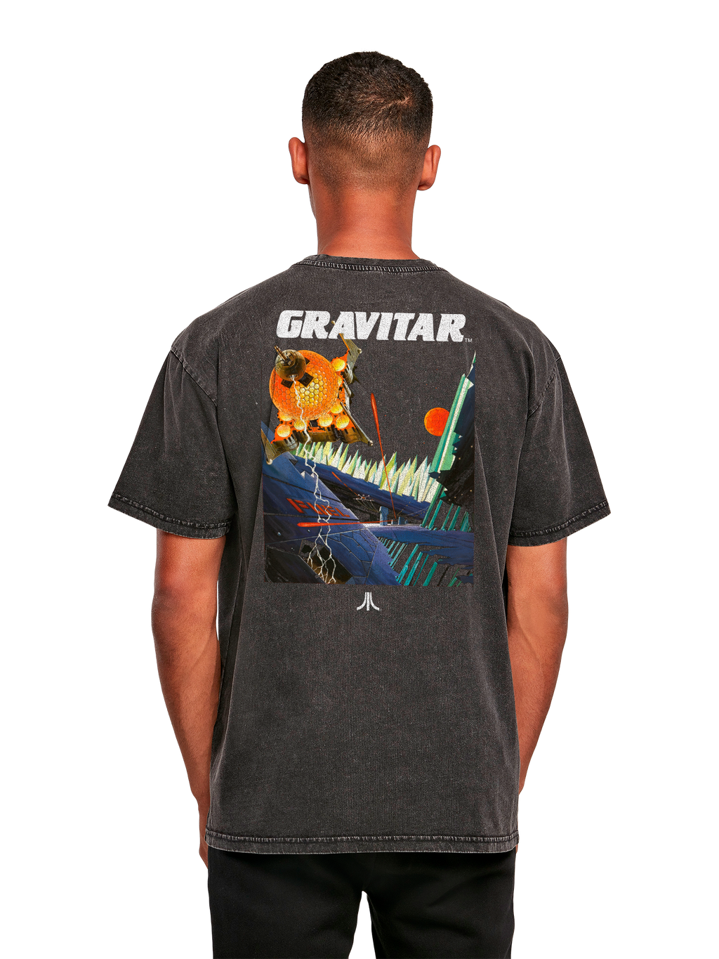 Logotipo de Atari Games White Retro Gaming Horizontal y Atari Gravitar Box Cover con camiseta de gran tamaño pesado de ácido