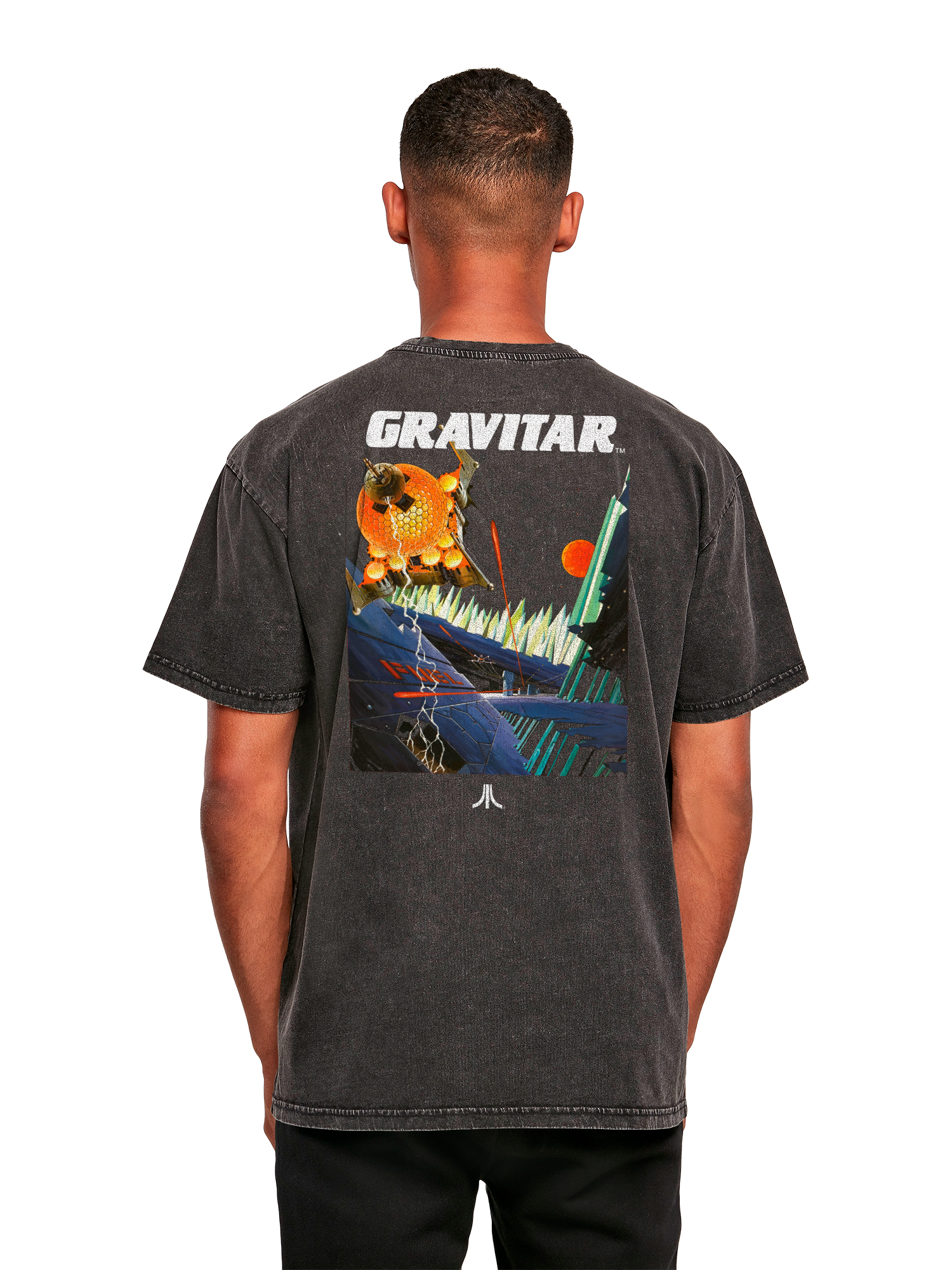 Atari Games Logo White Retro Gaming Horizontal and Atari Gravitar Box Cover with Acid Washed Heavy Oversize Tee