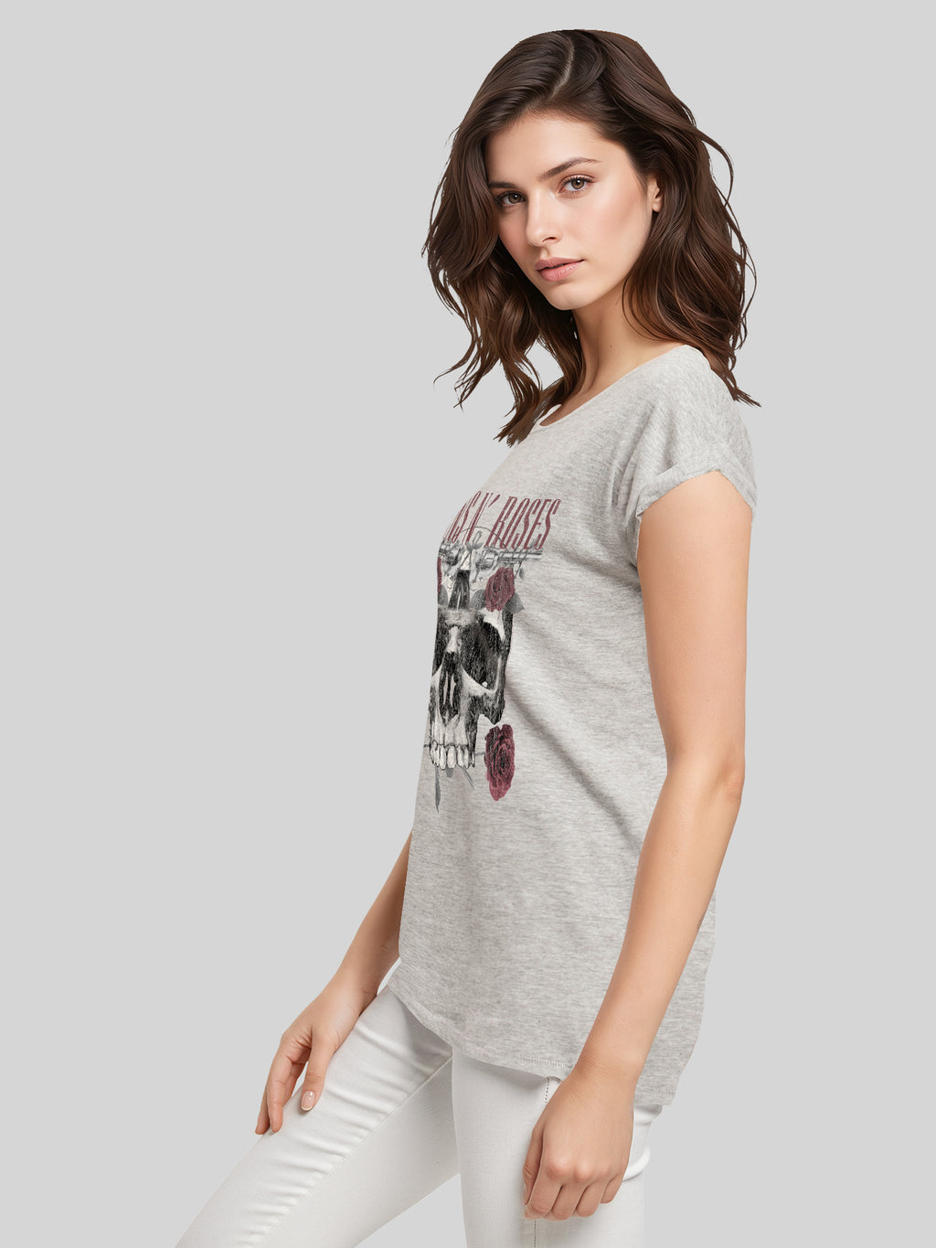 Guns N 'Roses Roses Calavera con Damas Extendida TEE de hombro