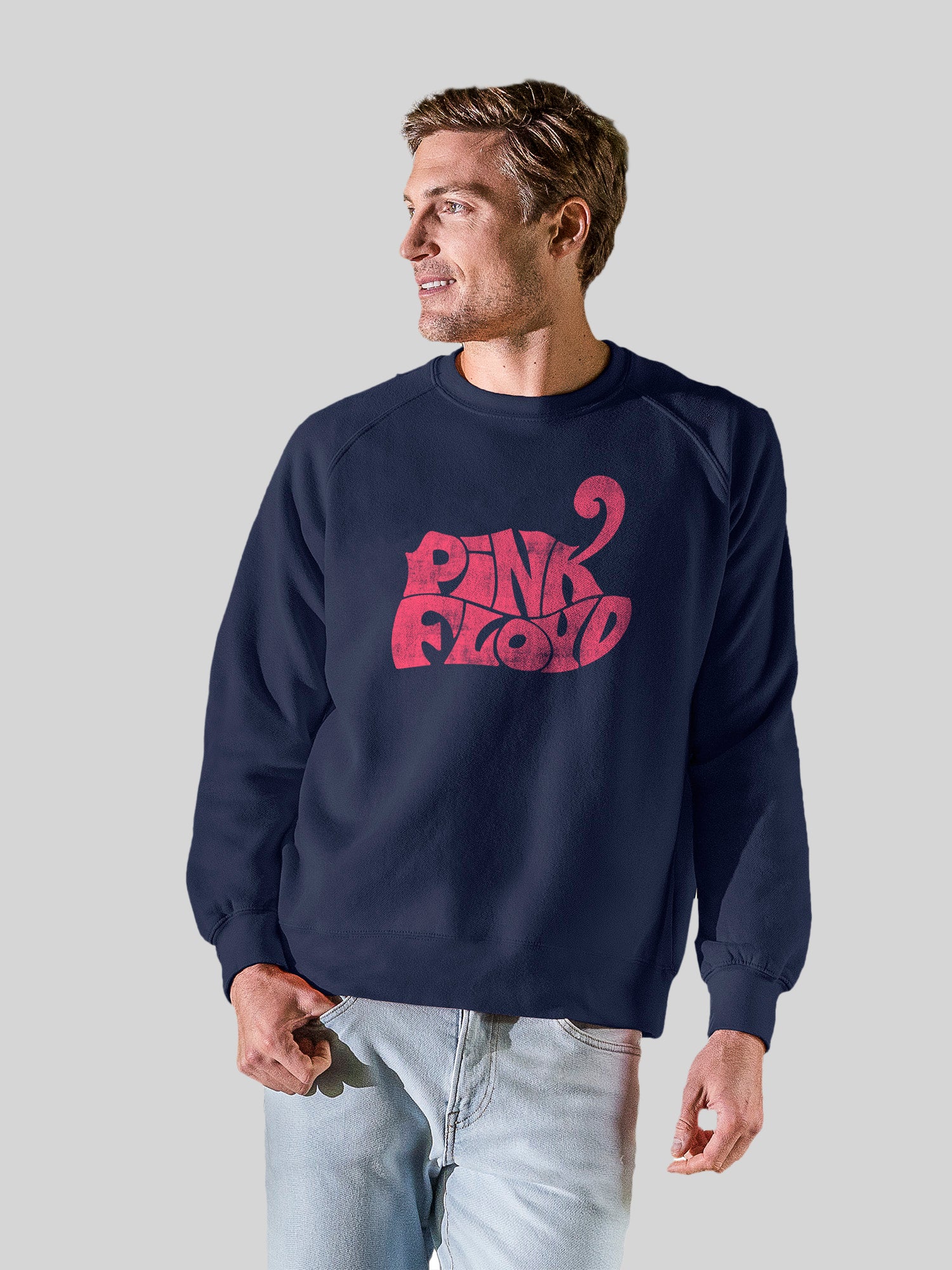 Pink-Floyd-Retro-Logo-Navy avec l'équipage de la toison vintage Raglan