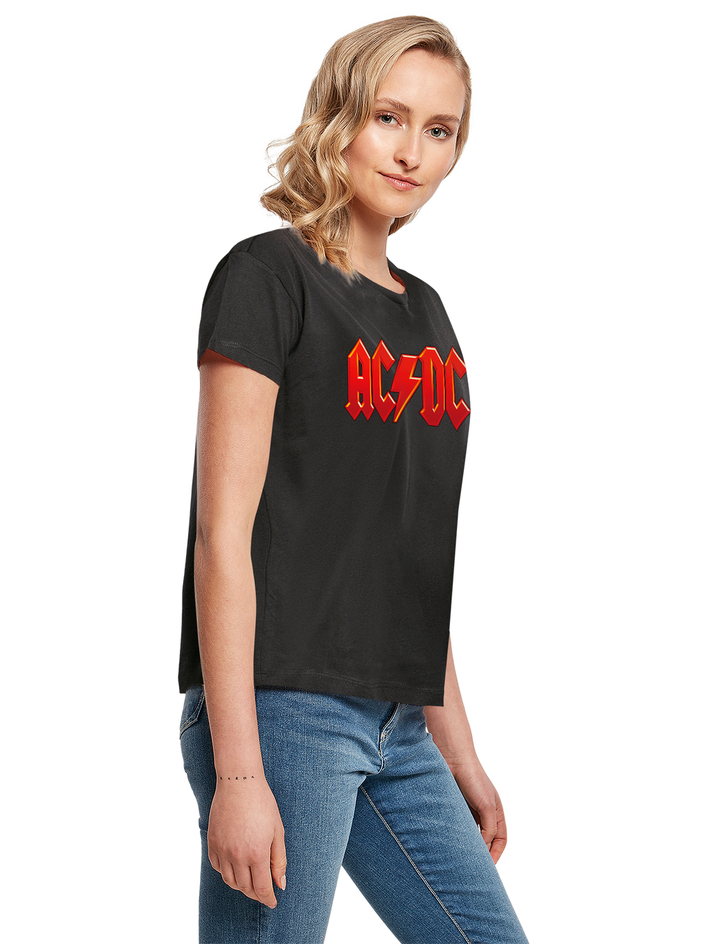 ACDC Damen-Box-T-Shirt mit dunkelrotem Logo