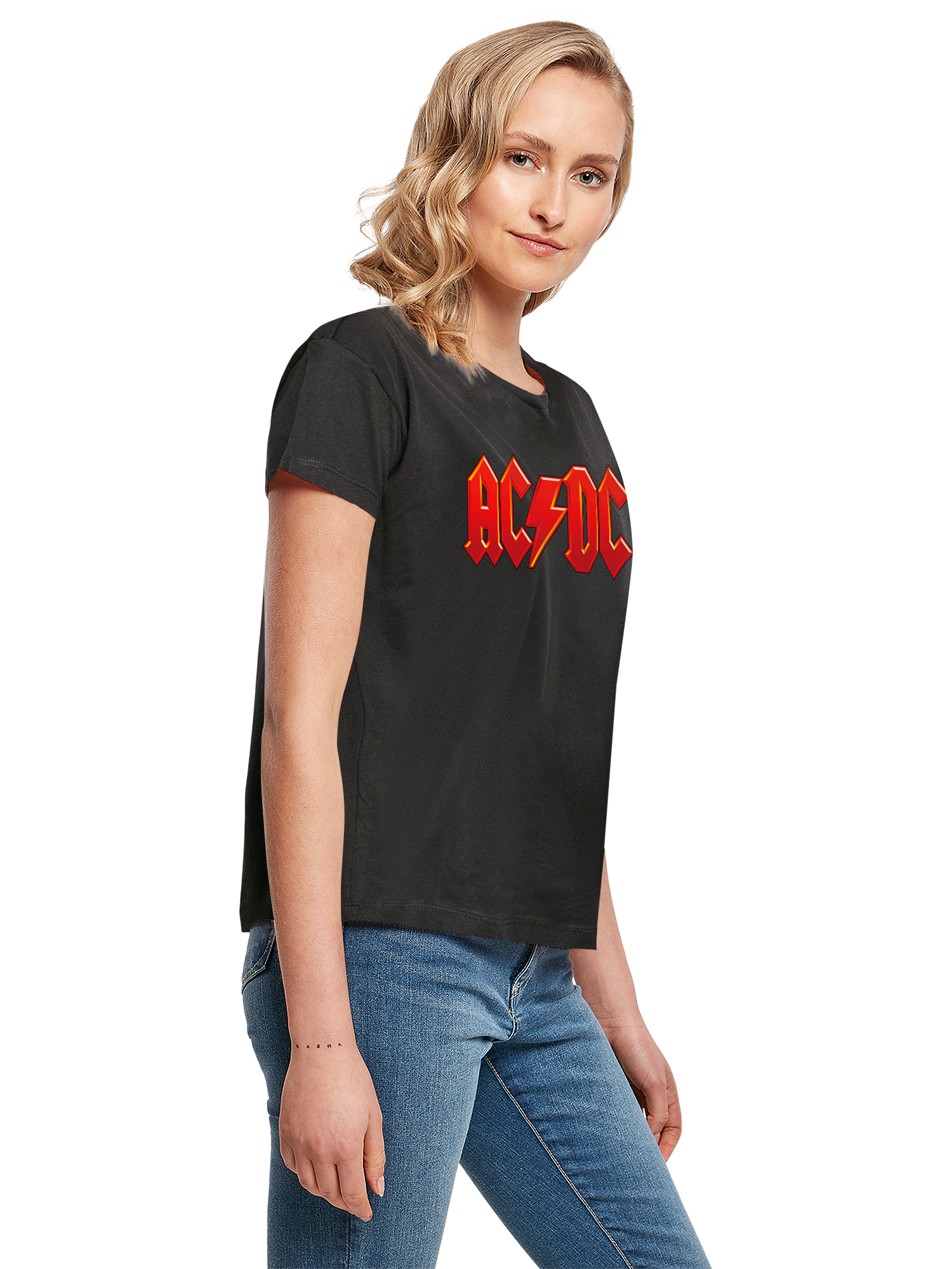ACDC Logotipo de rojo oscuro con camiseta de caja de damas