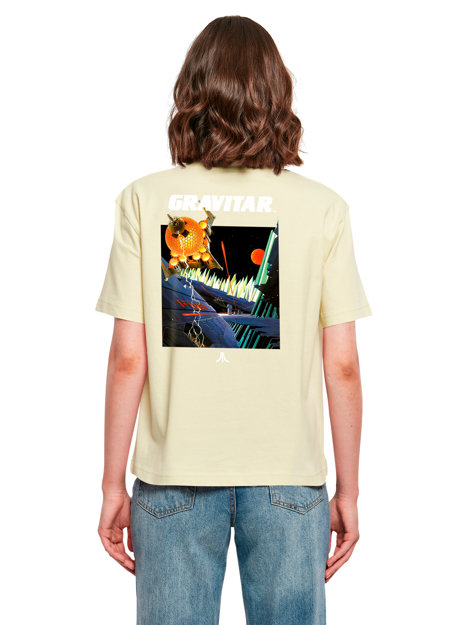 Atari Games Logo White Retro Gaming Horizontal and Atari Gravitar Box Cover with Ladies Everyday Tee