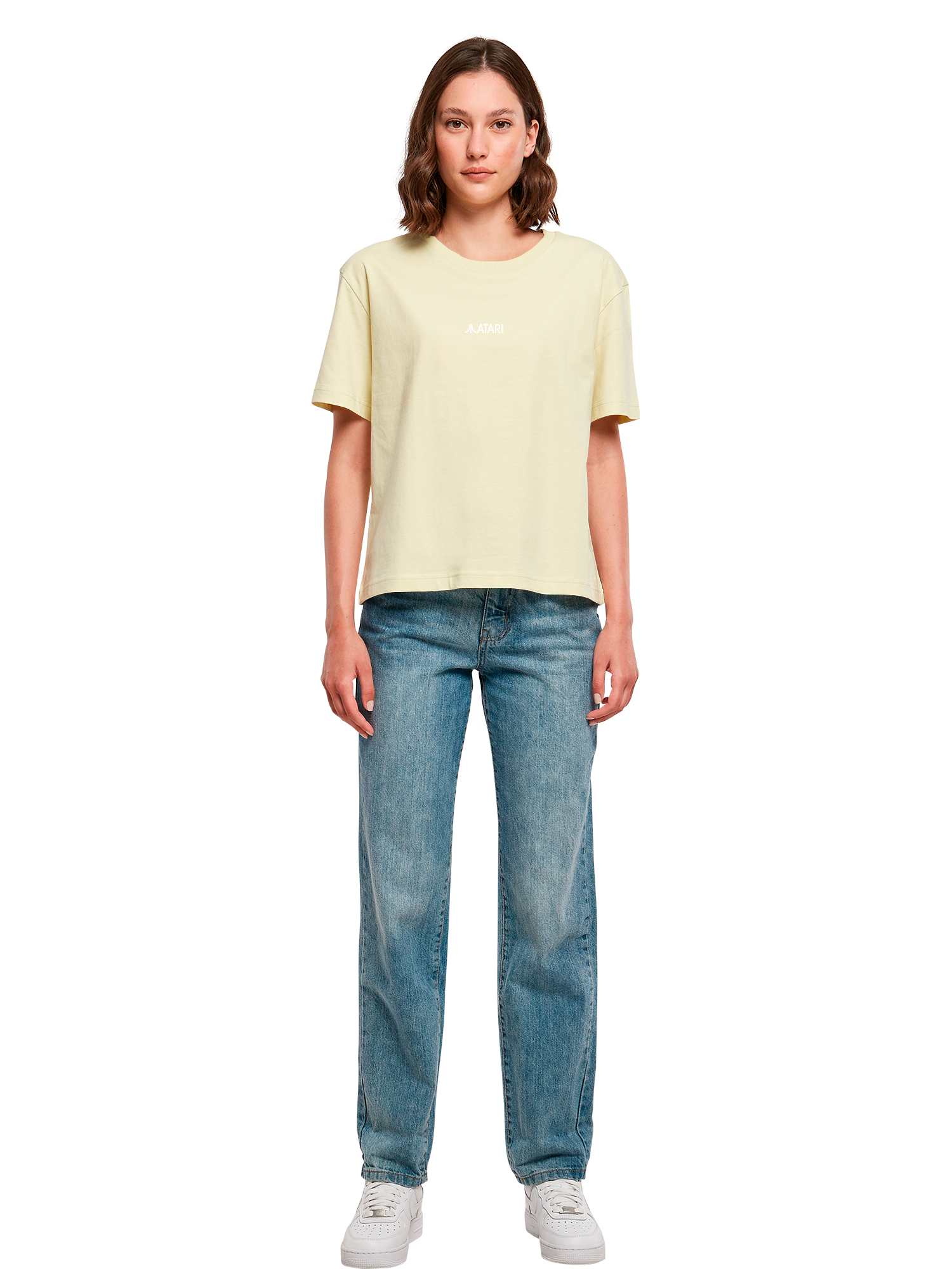 Atari Games Logo White Retro Gaming Horizontal and Atari Gravitar Box Cover with Ladies Everyday Tee