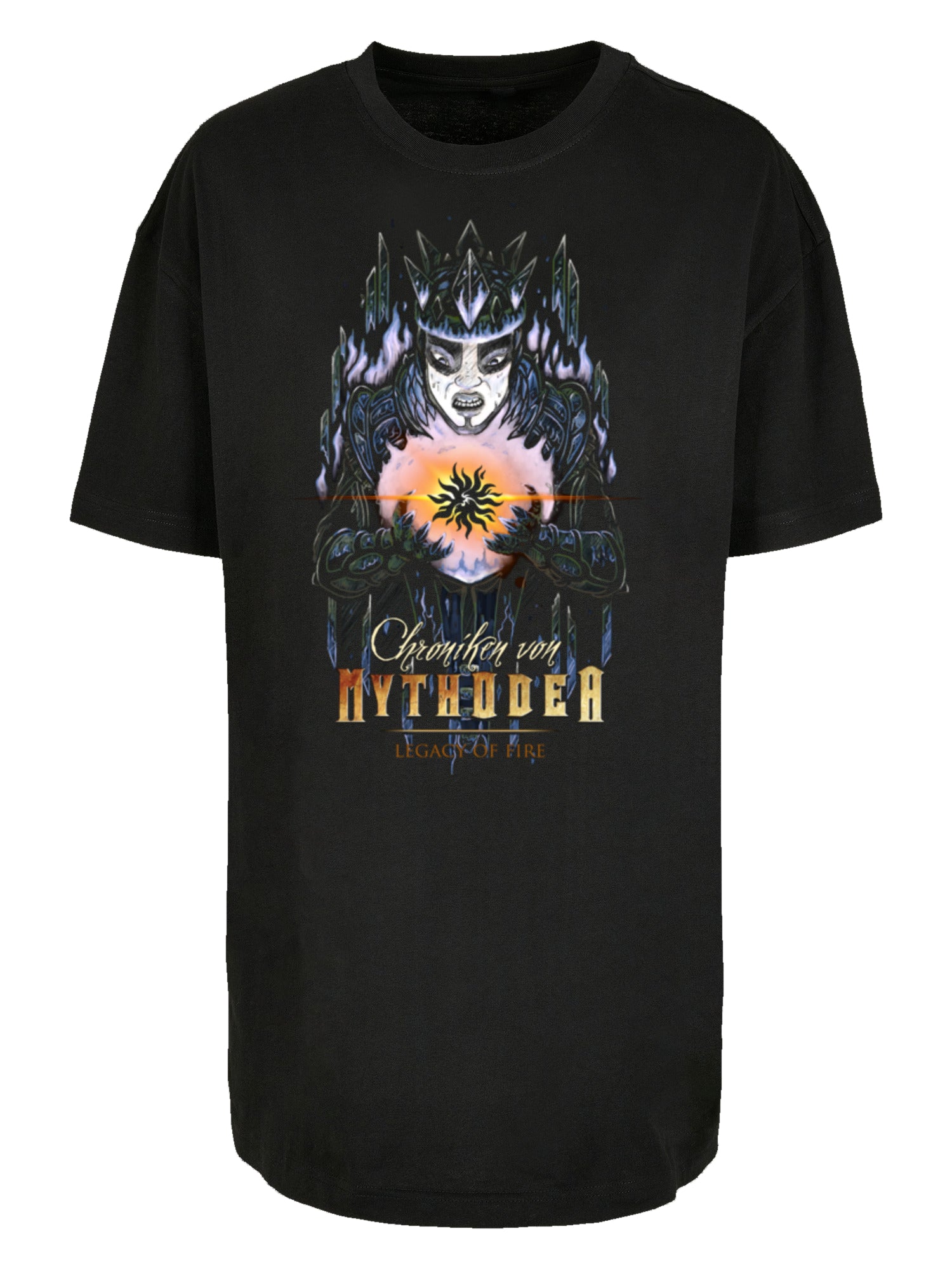 Chronichles von Mythodea 2025 stummelt und Logo und Burgschneider WHT mit Damen übergroßem Freund Tee T -Shirt