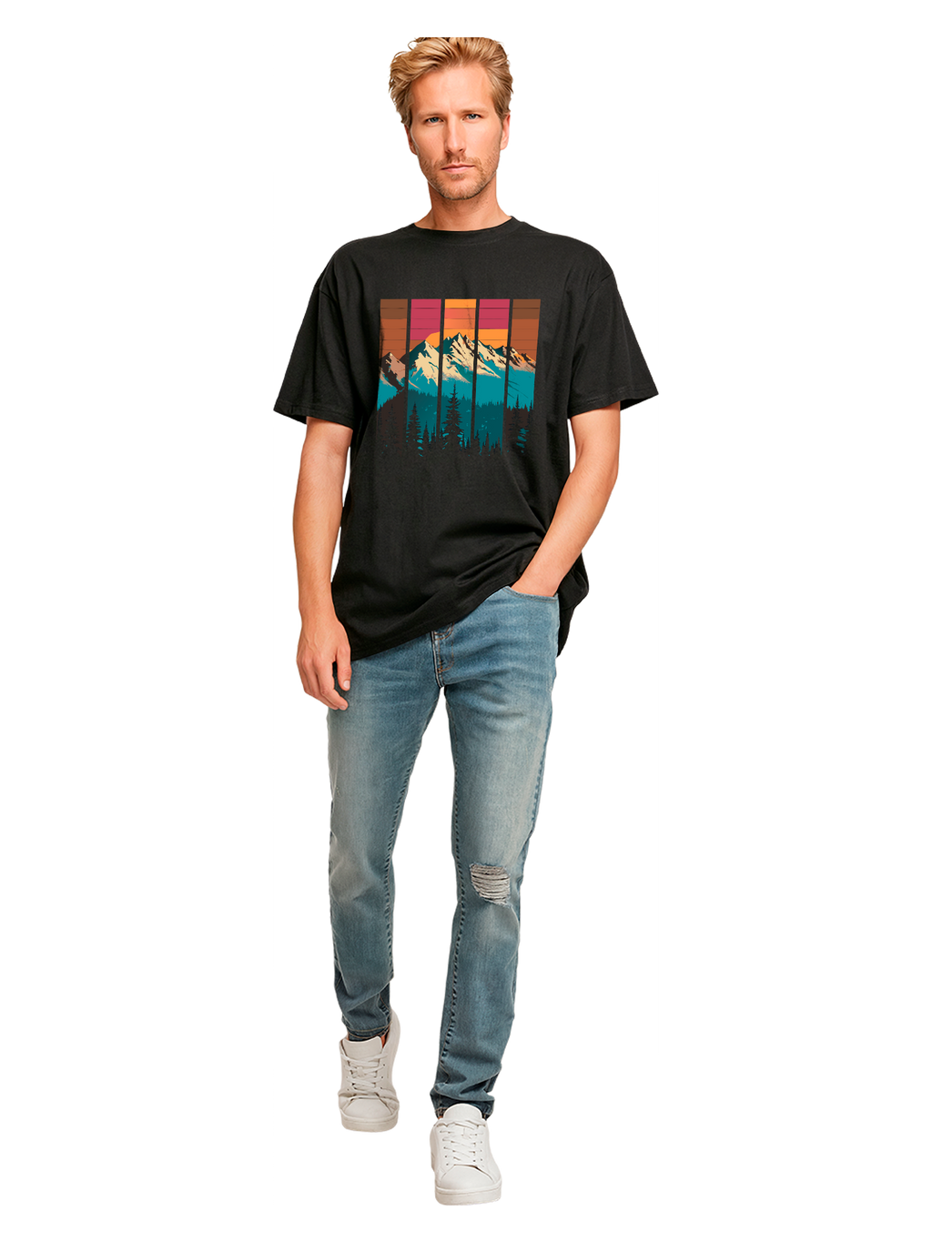 Mountain Sunset Retro Art Schweres Oversize T-Shirt