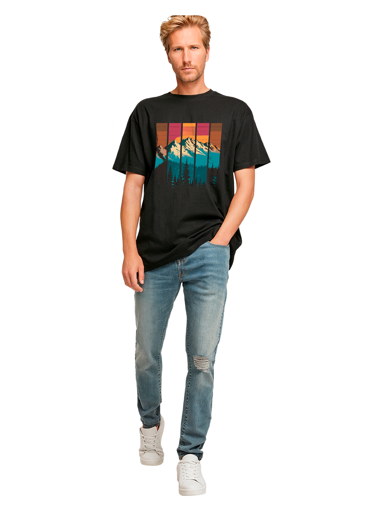 Mountain Sunset Retro Art Schweres Oversize T-Shirt