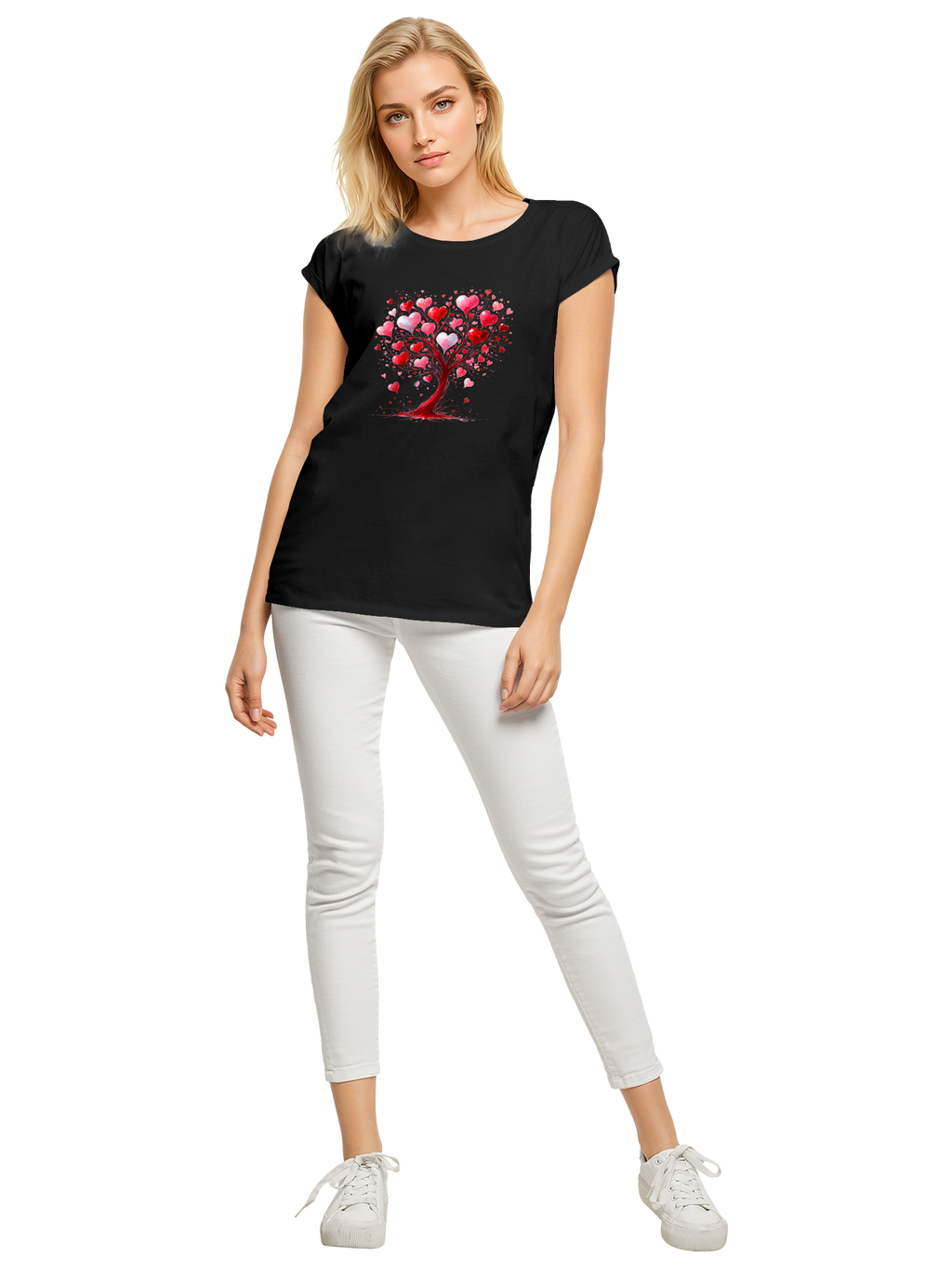 Heart Tree Watercolor Ladies Extended Shoulder T-Shirt