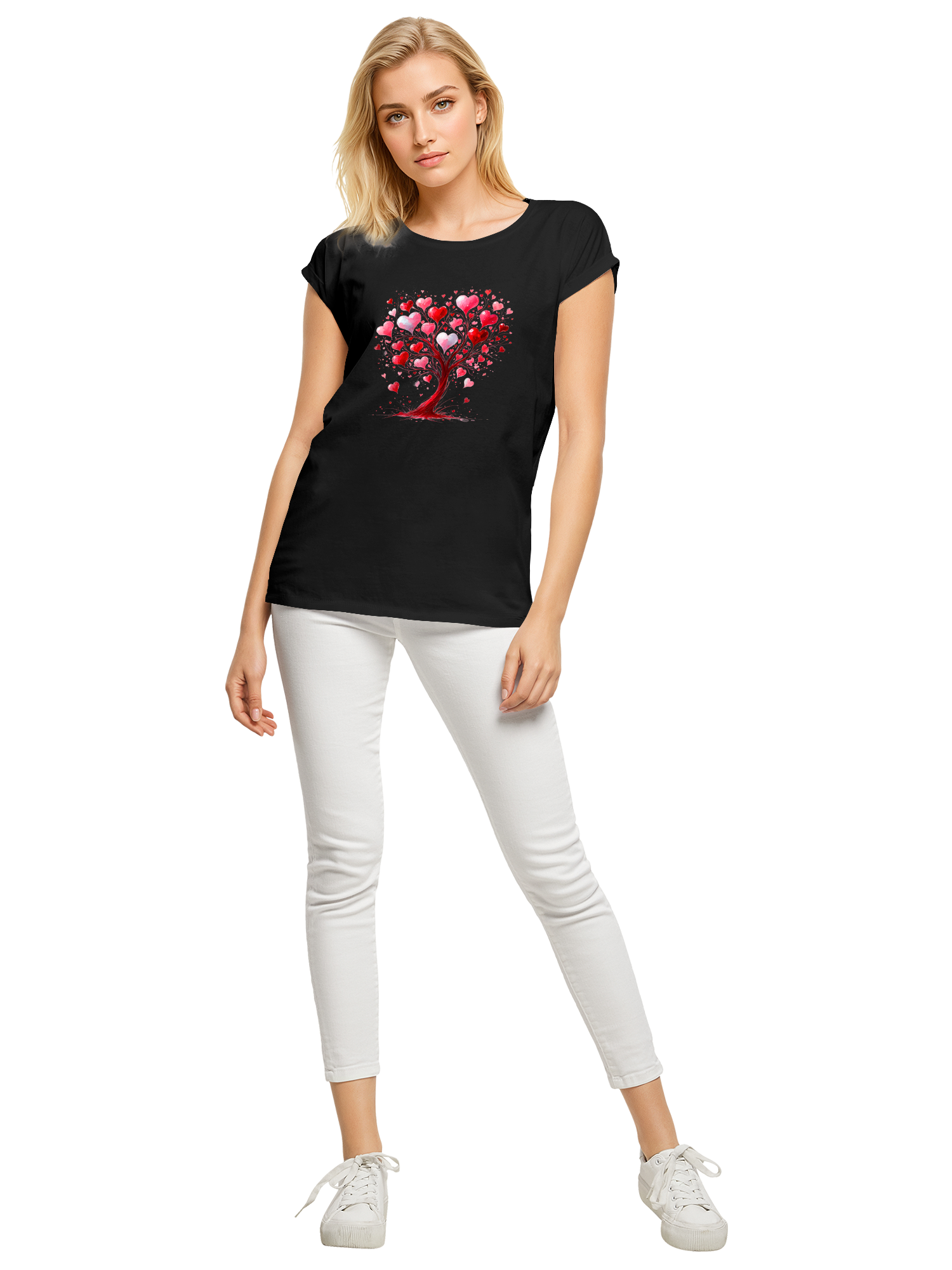 Heart Tree Watercolor Ladies Extended Shoulder T-Shirt