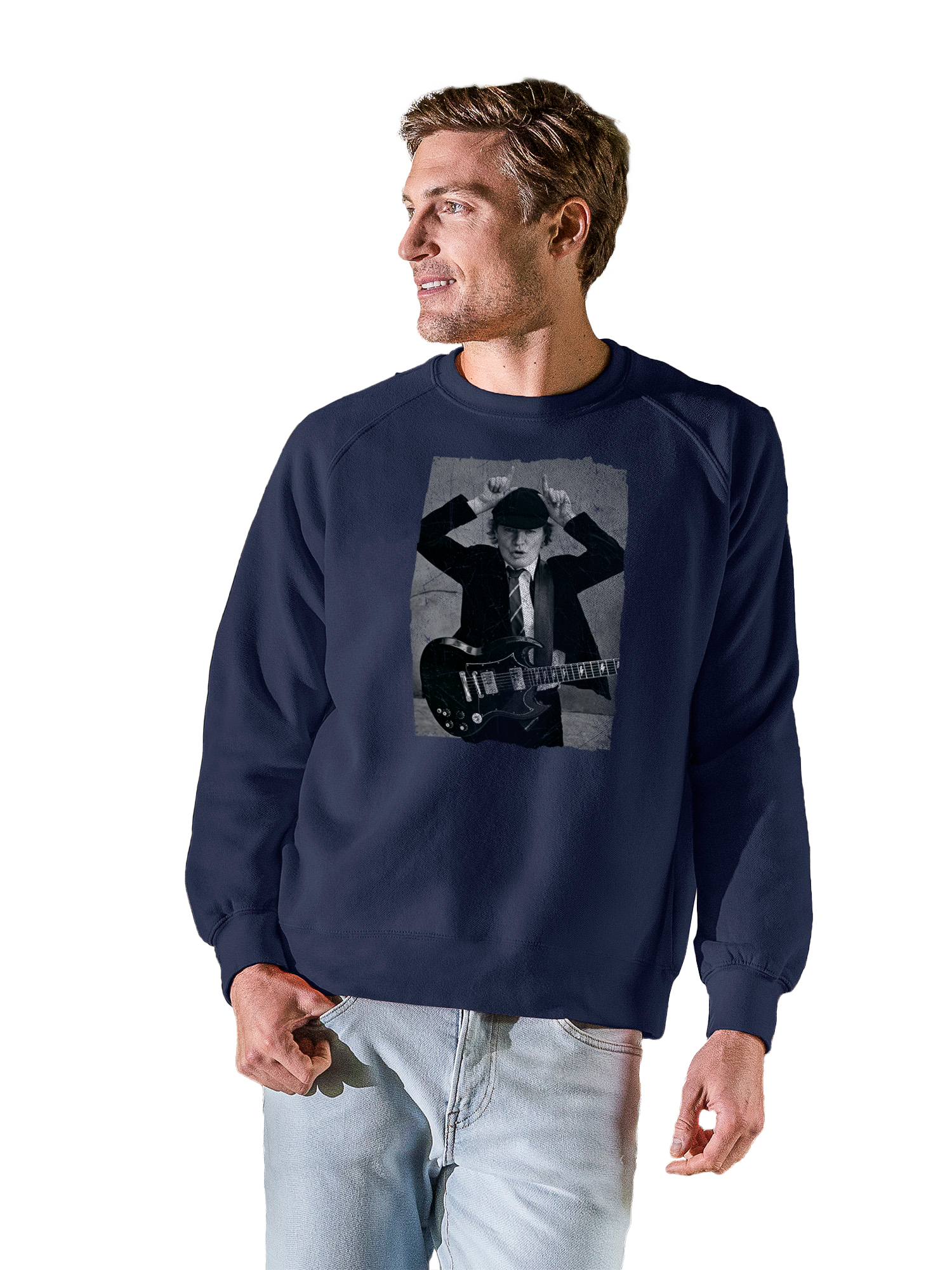 AC/DC Angus Foto angustiada Young con tripulación vintage de raglán de lana