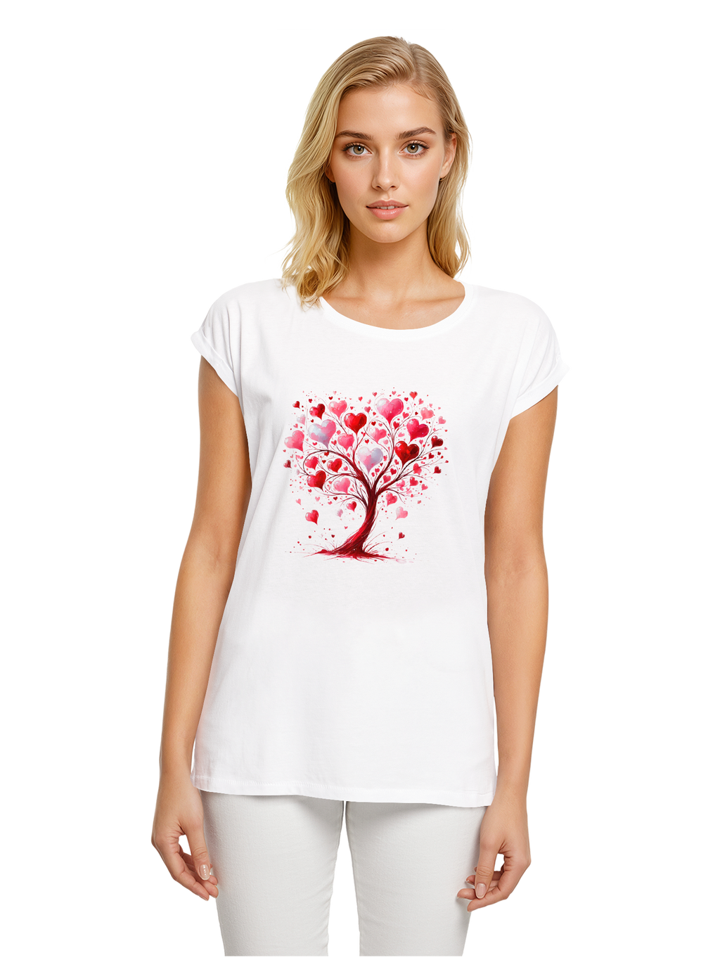 Heart Tree Watercolor Ladies Extended Shoulder T-Shirt