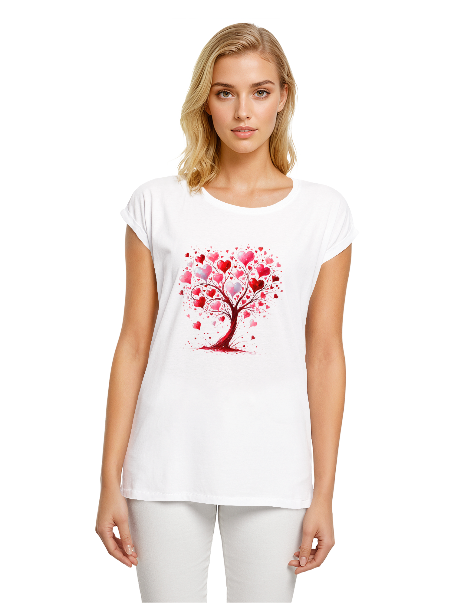 Heart Tree Watercolor Ladies Extended Shoulder T-Shirt