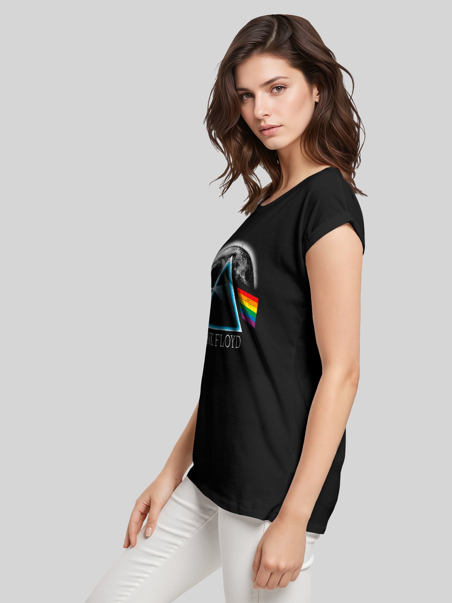 Pink Floyd Dark Side of The Moon Distressed Moon with Ladies Extended Shoulder Tee