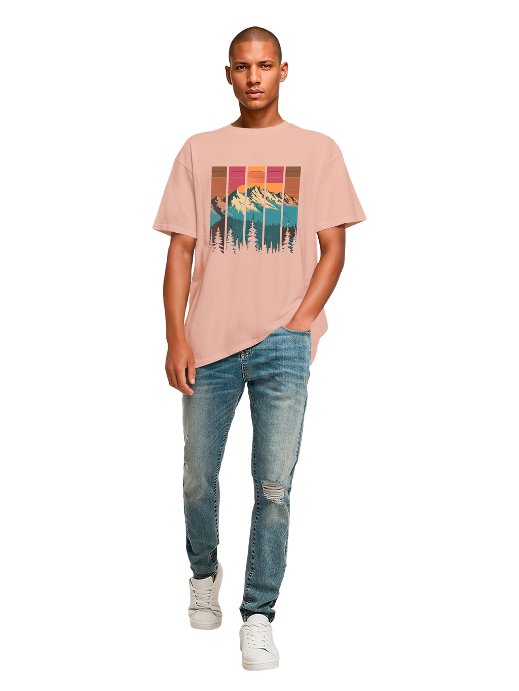 Mountain Sunset Retro Art Schweres Oversize T-Shirt