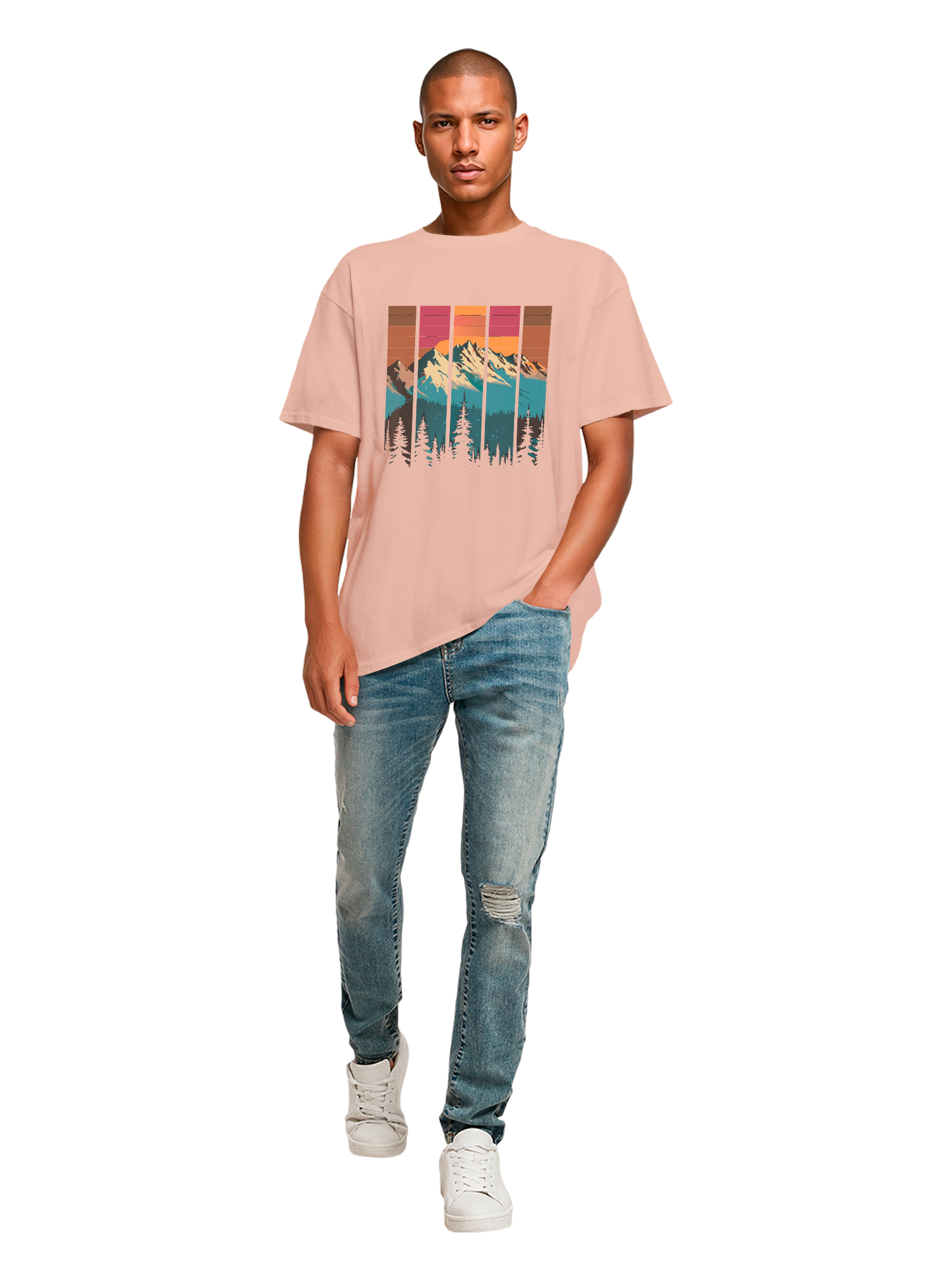 Mountain Sunset Retro Art Schweres Oversize T-Shirt