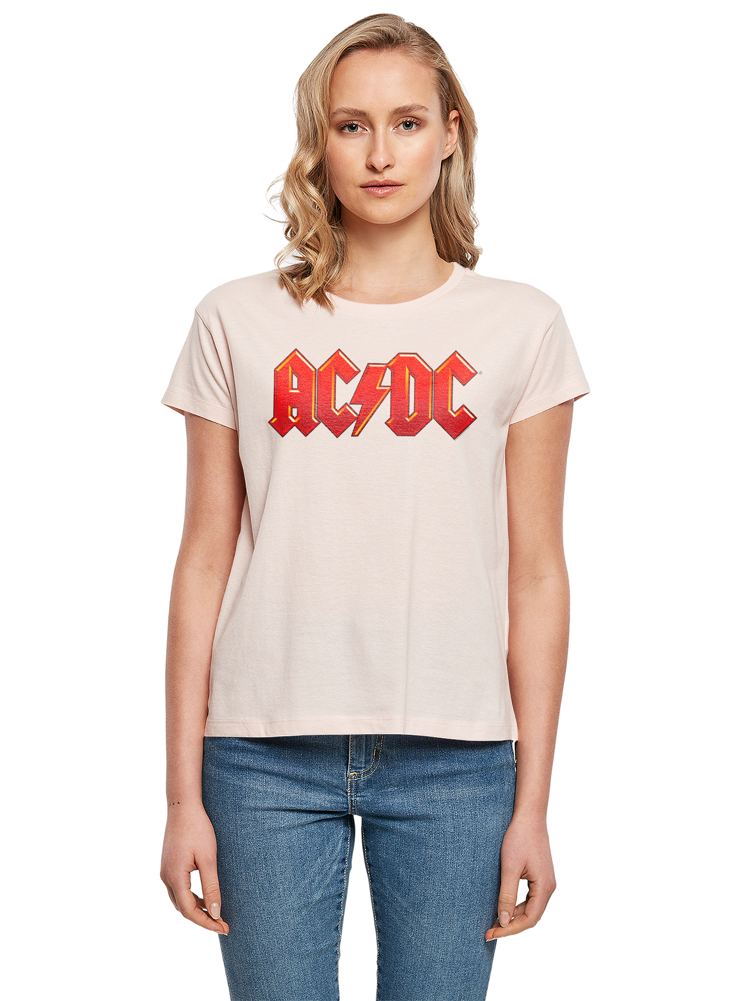 ACDC Logotipo de rojo oscuro con camiseta de caja de damas