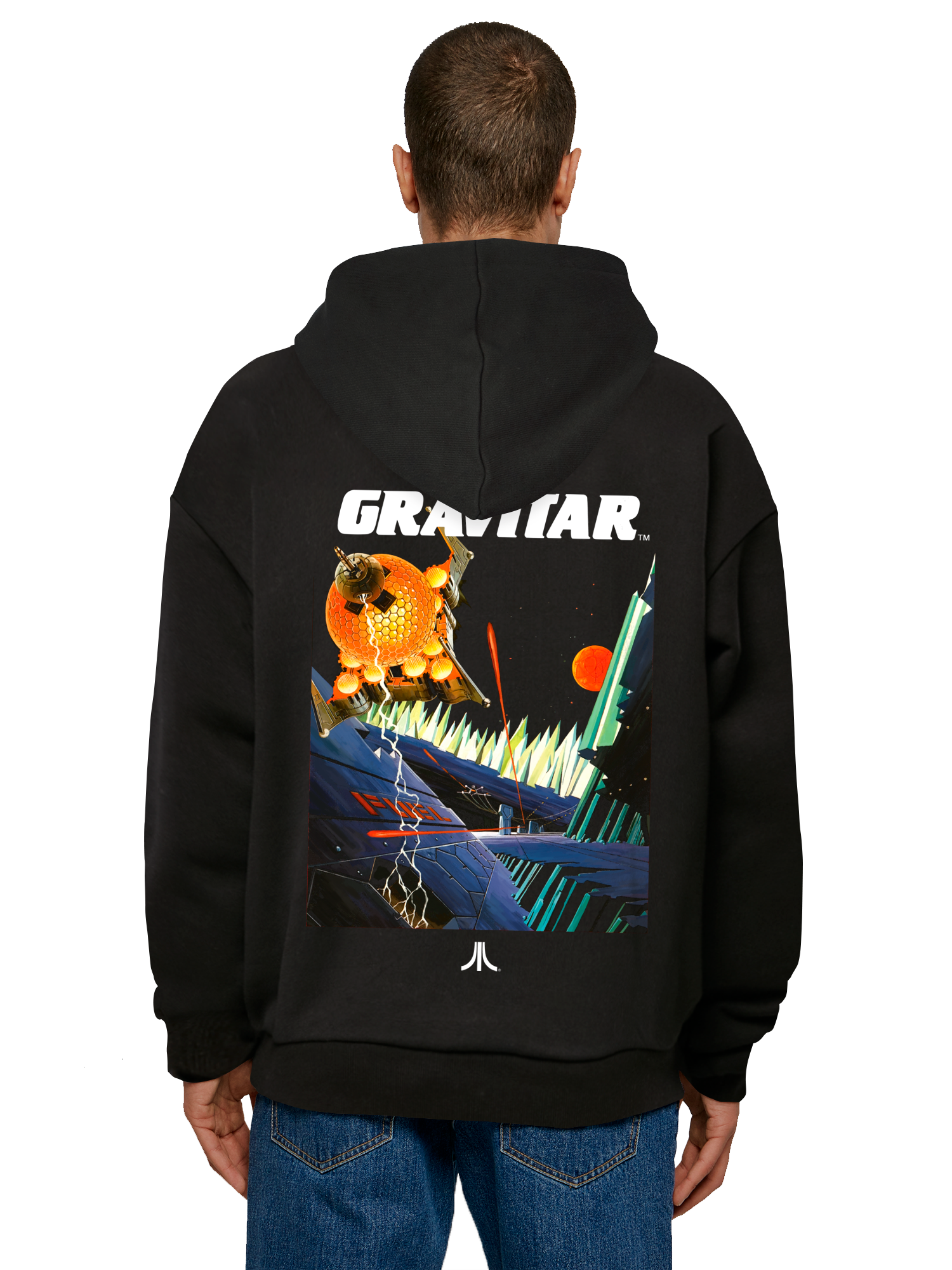 Atari Games Logo White Retro Gaming Horizontal and Atari Gravitar Box Cover with Ultra Heavy Hoody