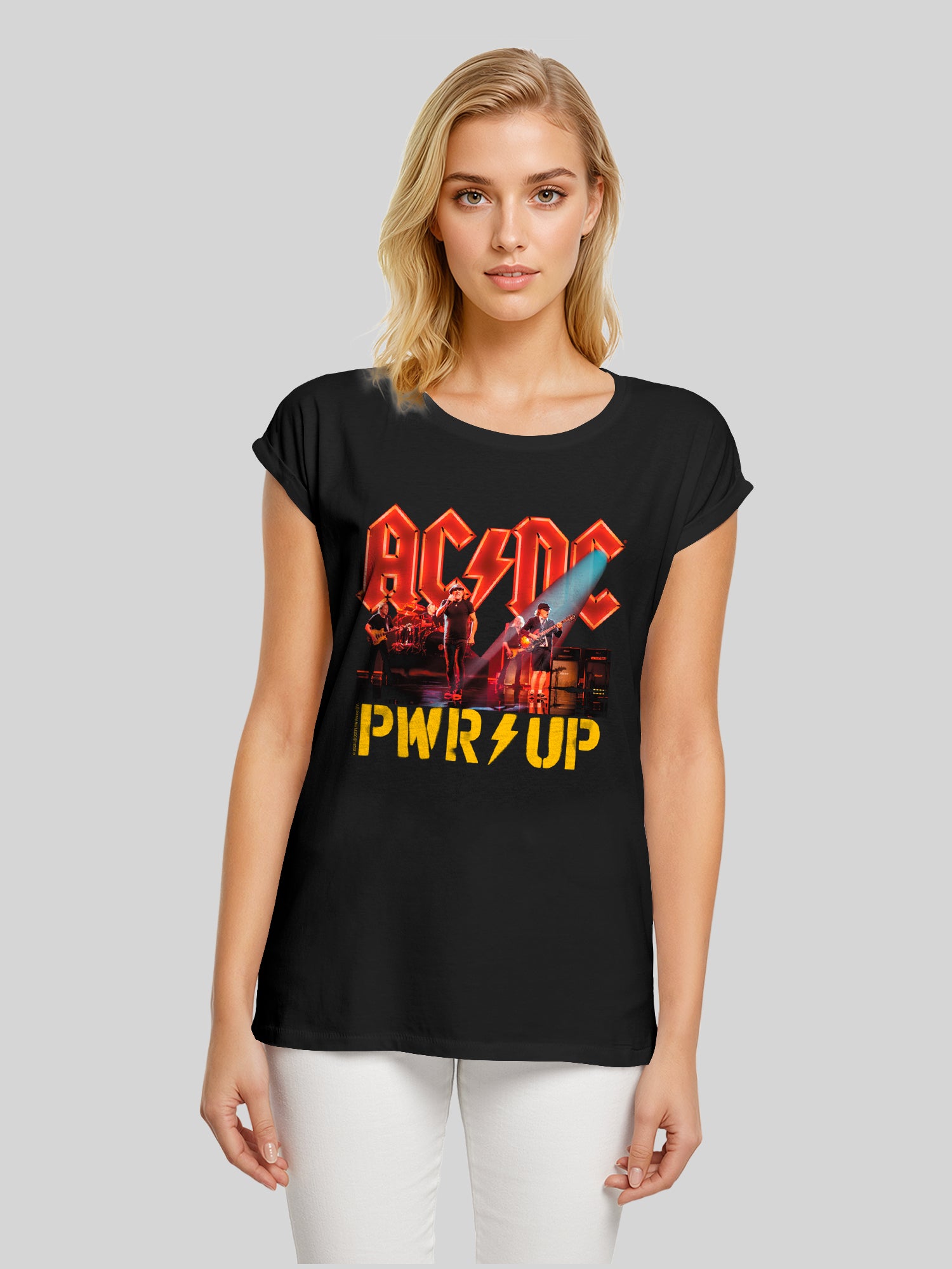 Luces de escenario de pwrup acdc con camiseta de hombro extendido de damas