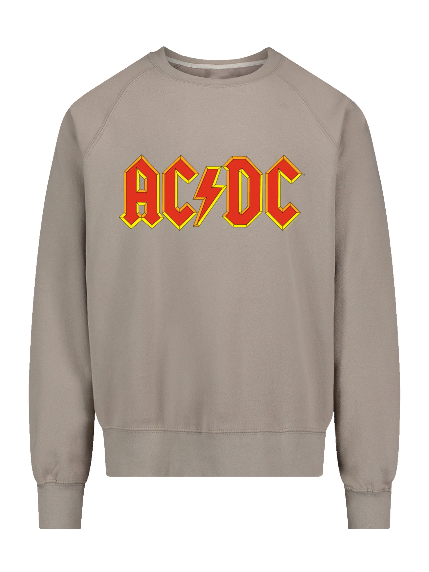 Logotipo rojo de esquema amarillo de AC/DC con tripulación de raglán de veta vintage