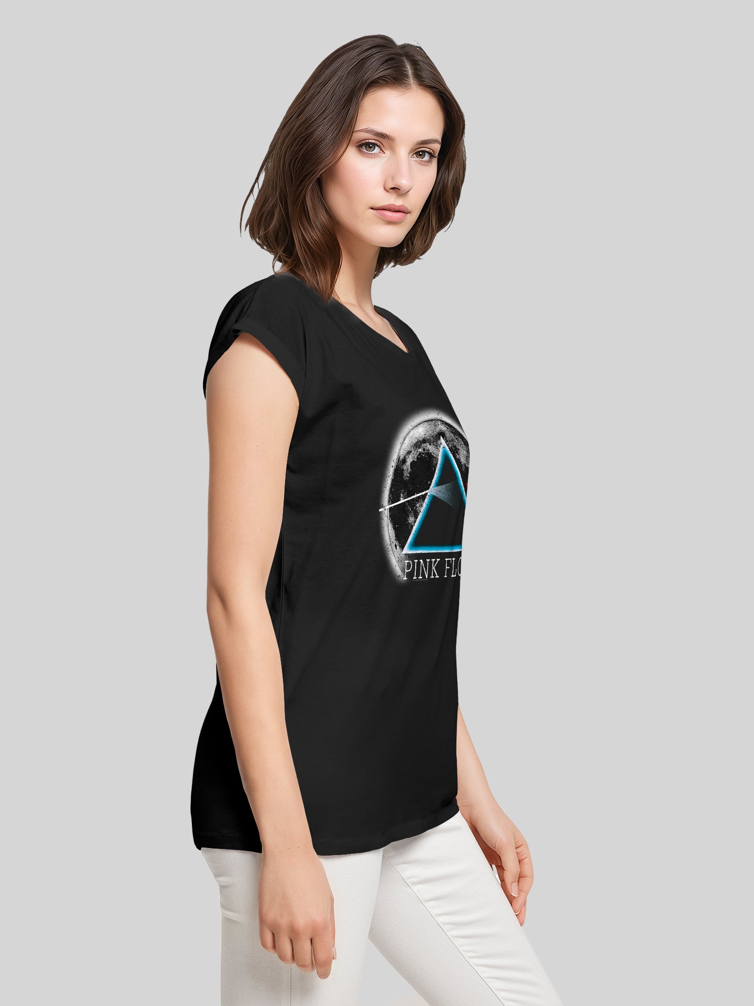 Pink Floyd Dark Side of The Moon Distressed Moon with Ladies Extended Shoulder Tee