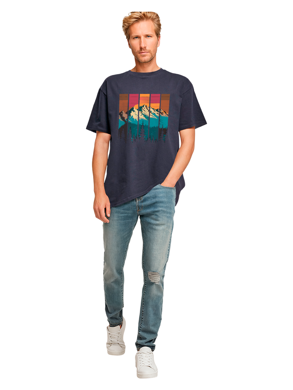 Mountain Sunset Retro Art Schweres Oversize T-Shirt