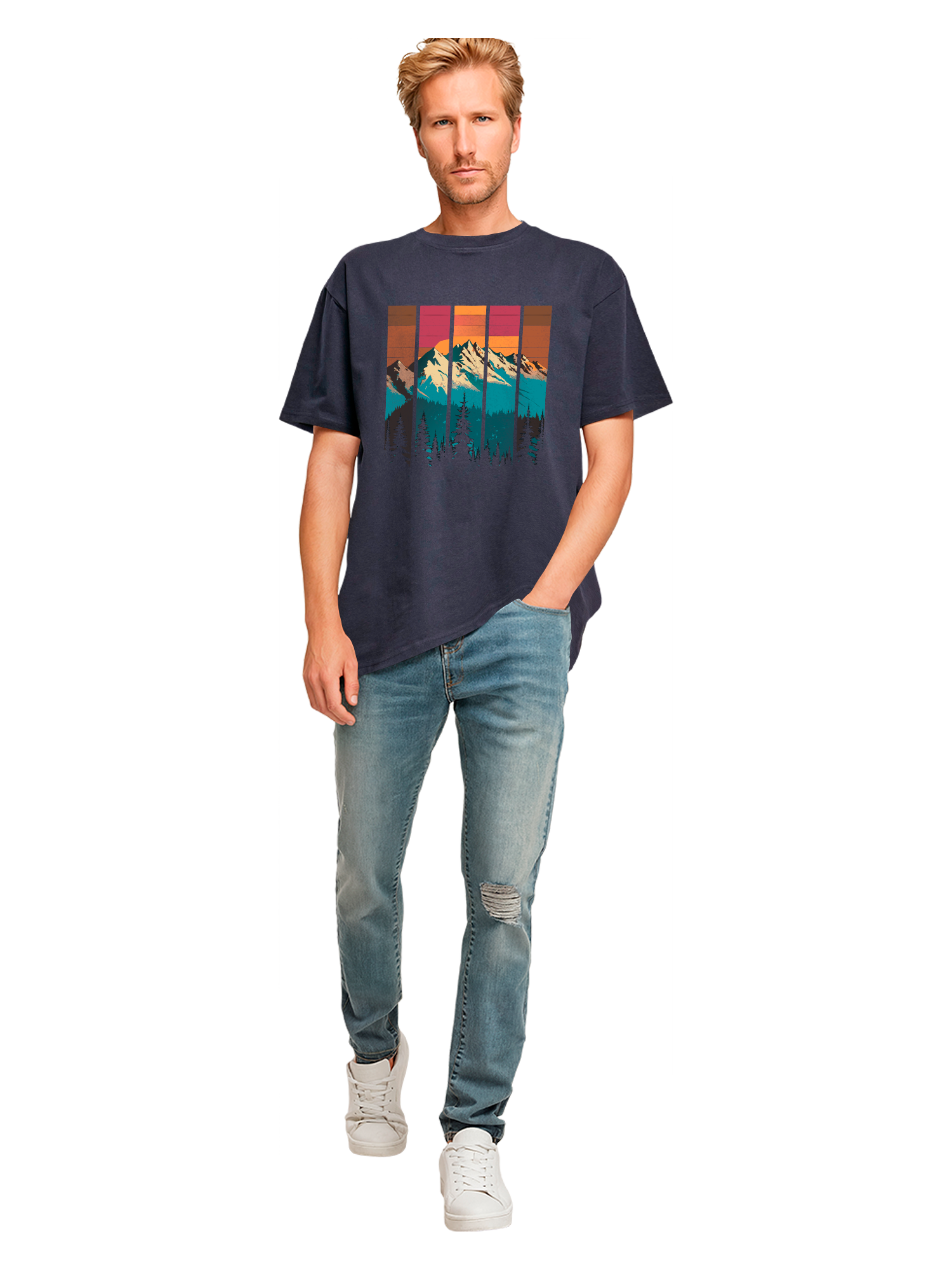 Mountain Sunset Retro Art Schweres Oversize T-Shirt