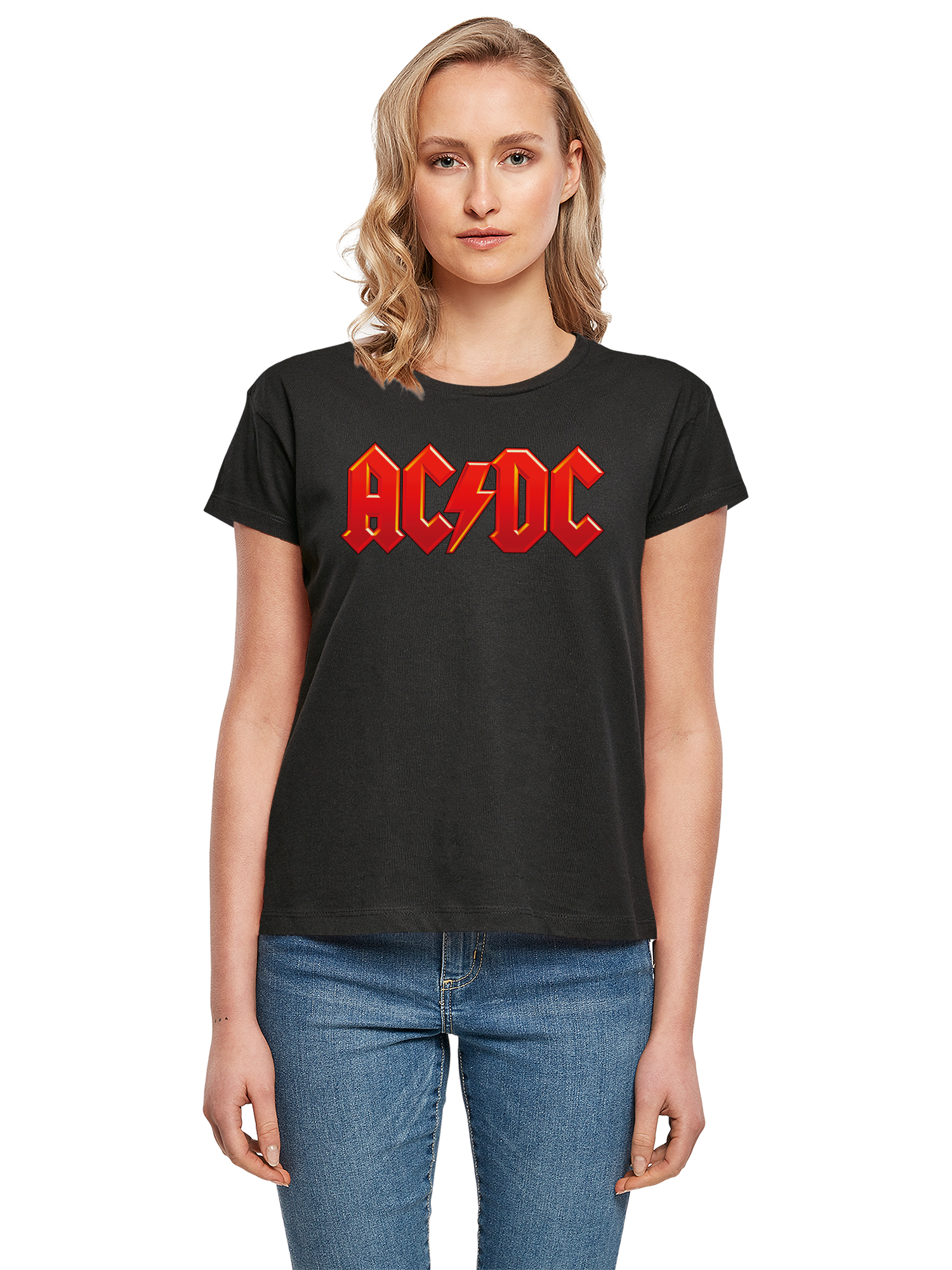 ACDC Logotipo de rojo oscuro con camiseta de caja de damas
